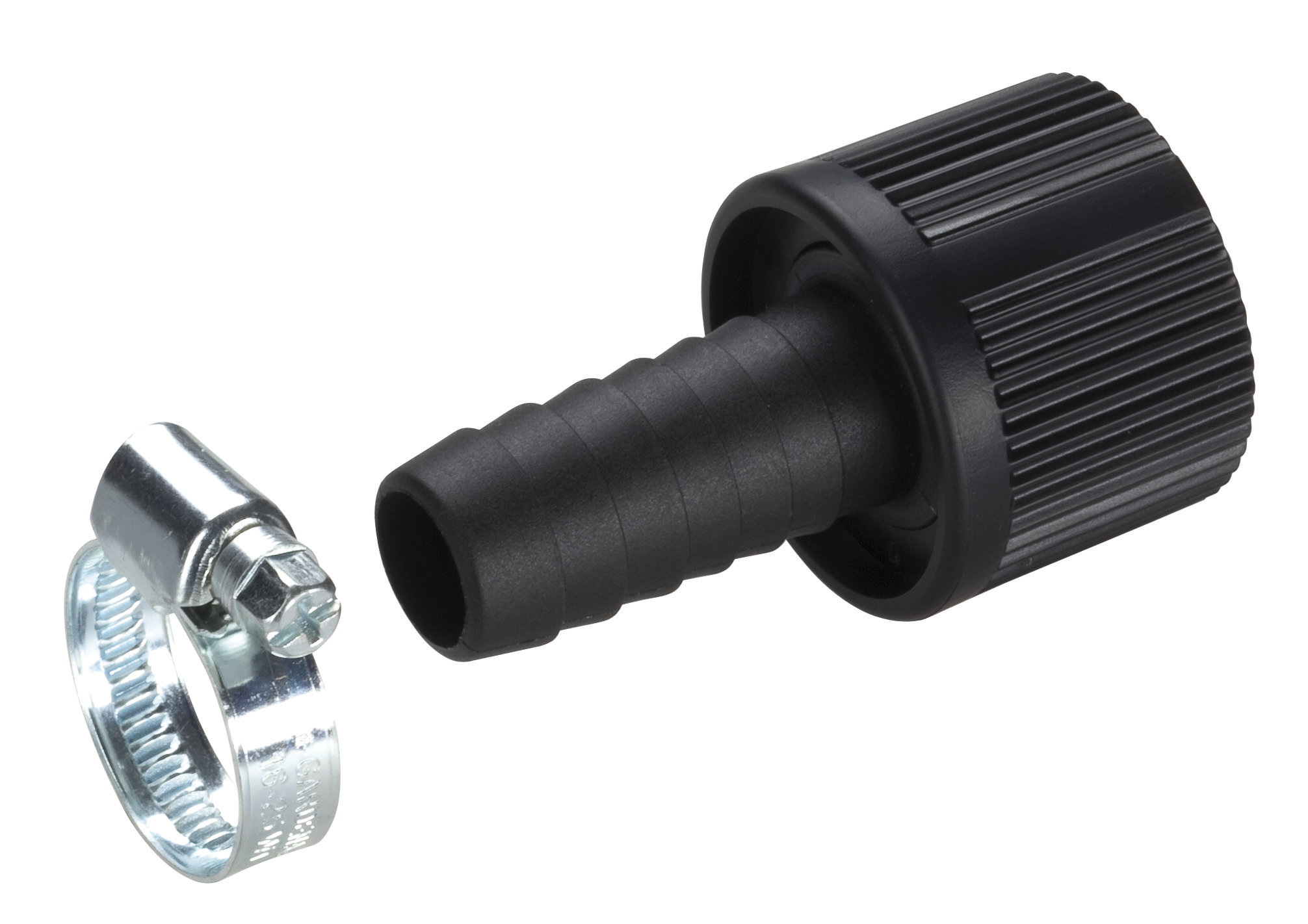 Front view of a hose connector with a metal clamp, used for securing hoses.