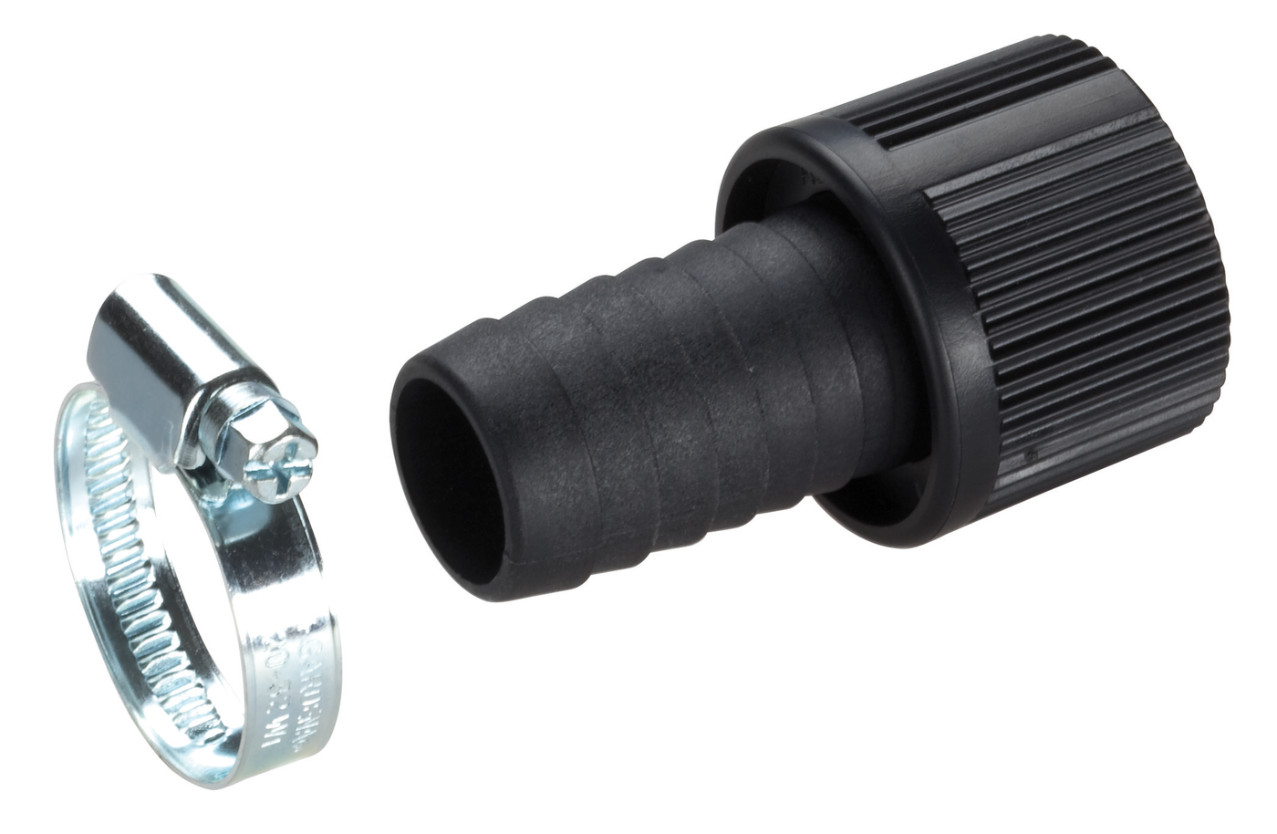 Front view of a hose connector with a metal clamp.