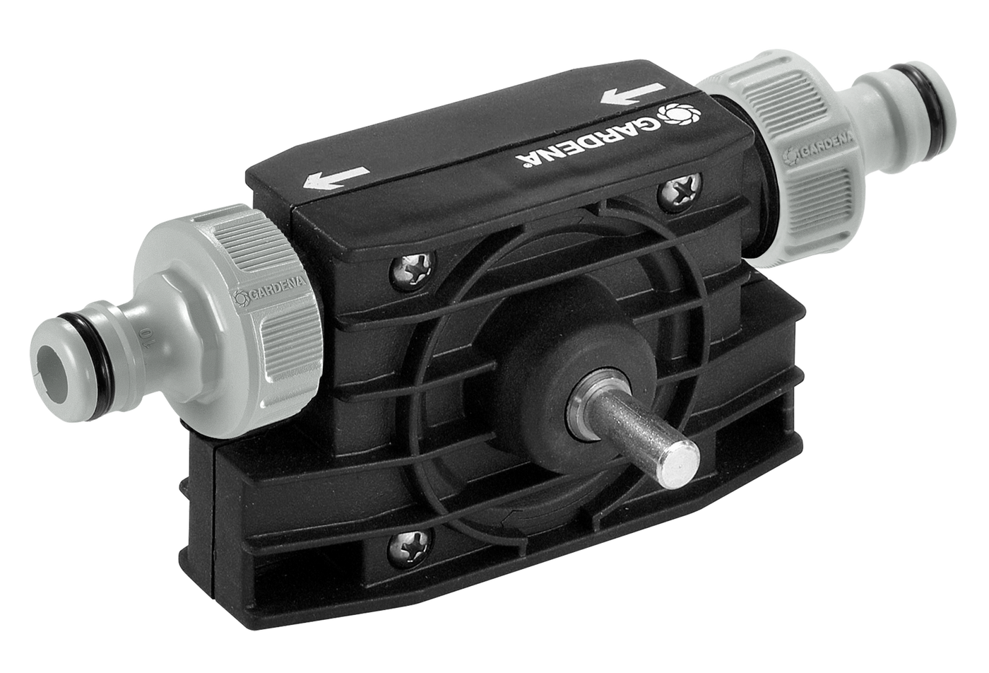 Front view of a Gardena water pump accessory with connectors.