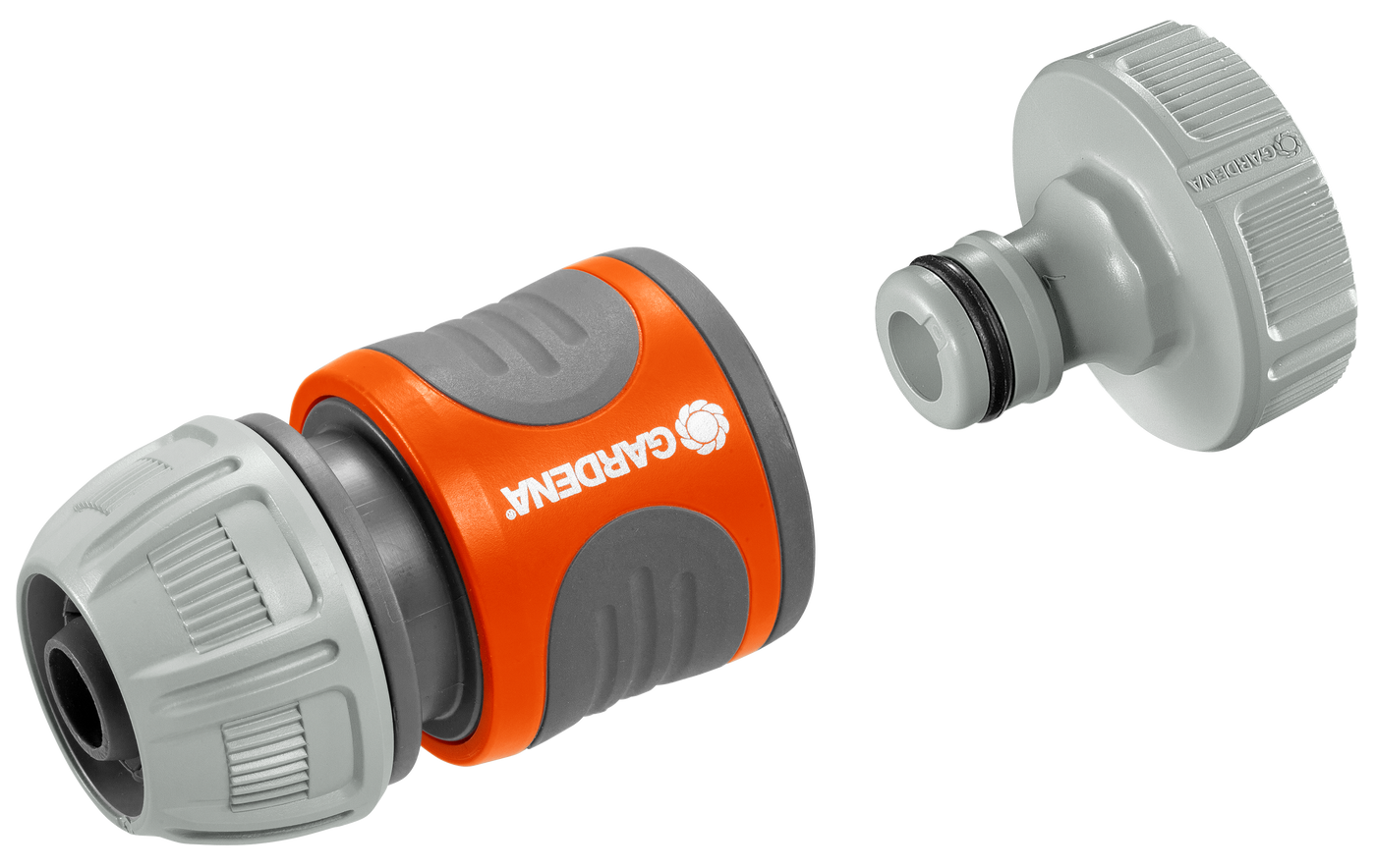 Front view of Gardena hose connector and tap adapter, showcasing connection parts.