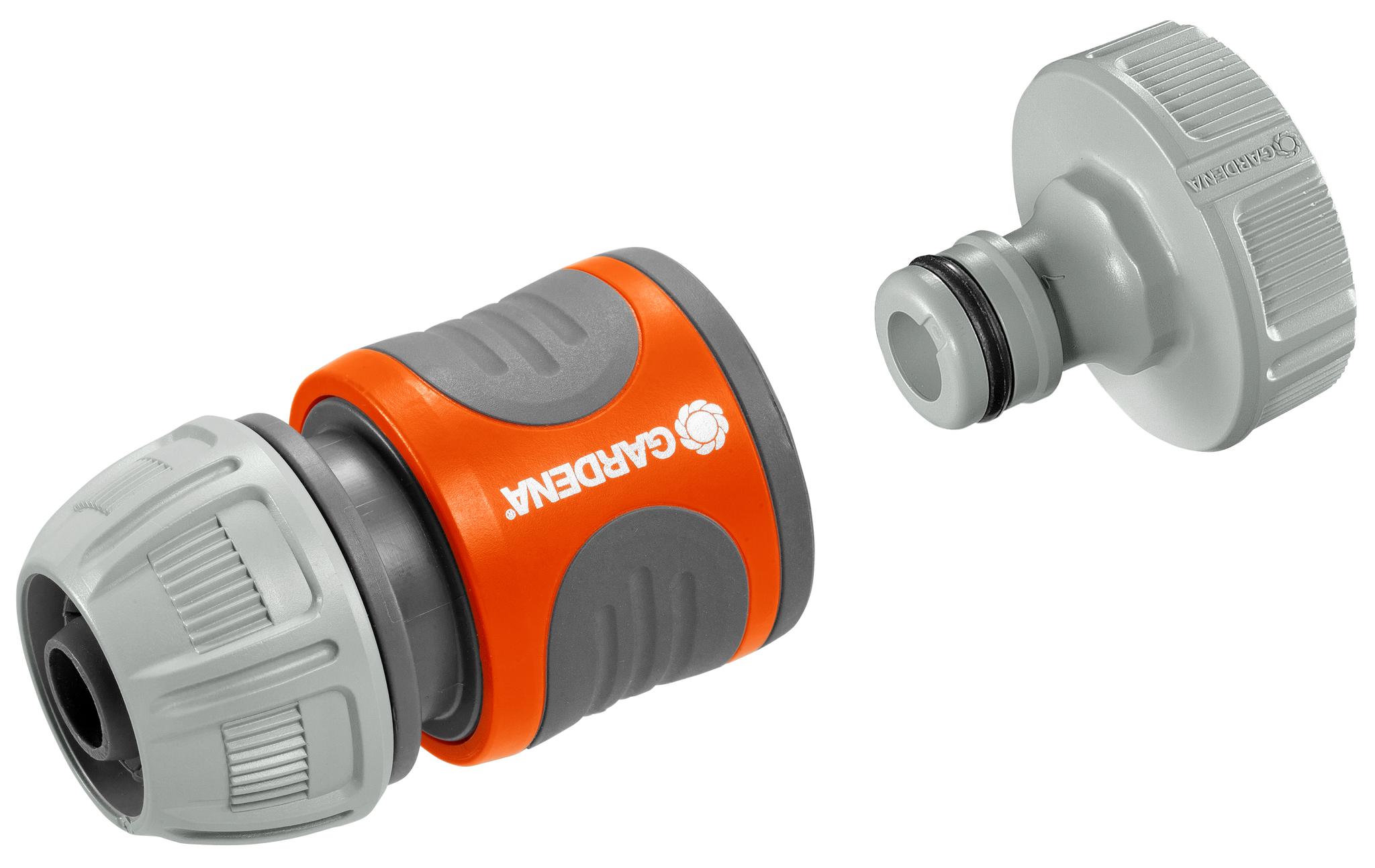 Front view of Gardena hose connector and tap adapter, showcasing connection parts.
