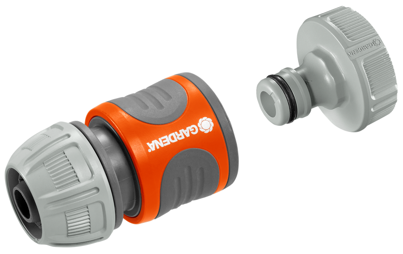 Front view of Gardena hose connector and tap adapter, showcasing connection parts., Filterpomp bij Vijvercentrum