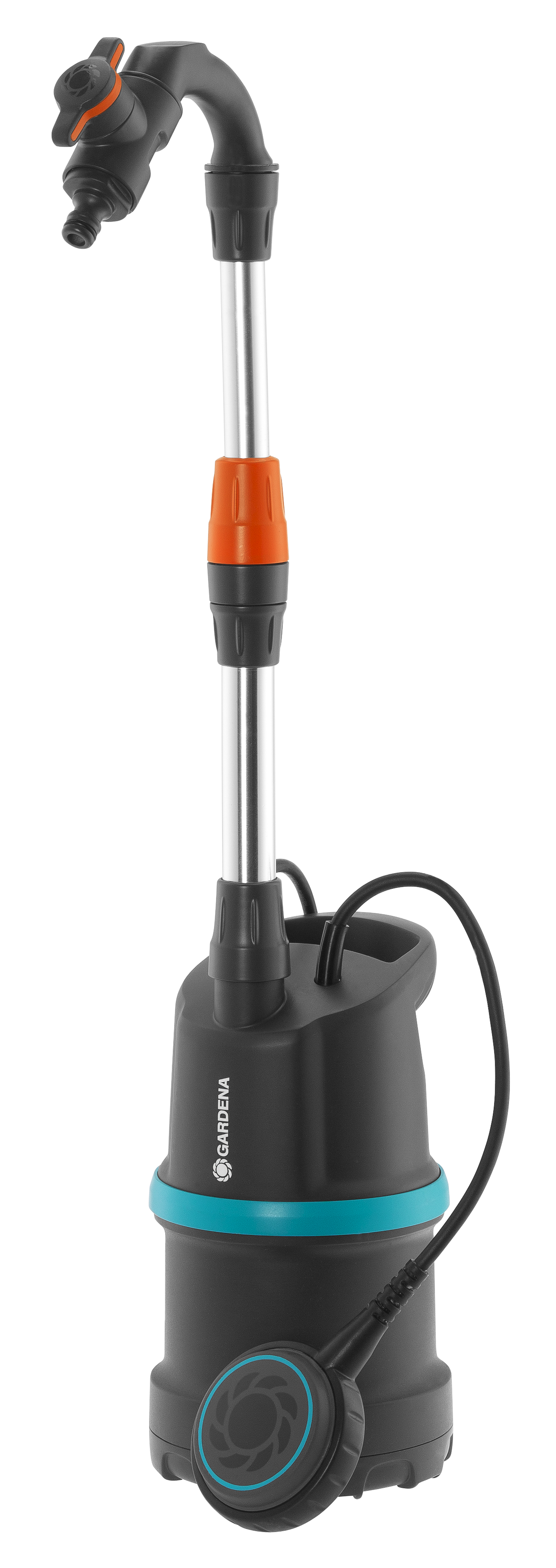 Front view of a Gardena water pump with adjustable nozzle.