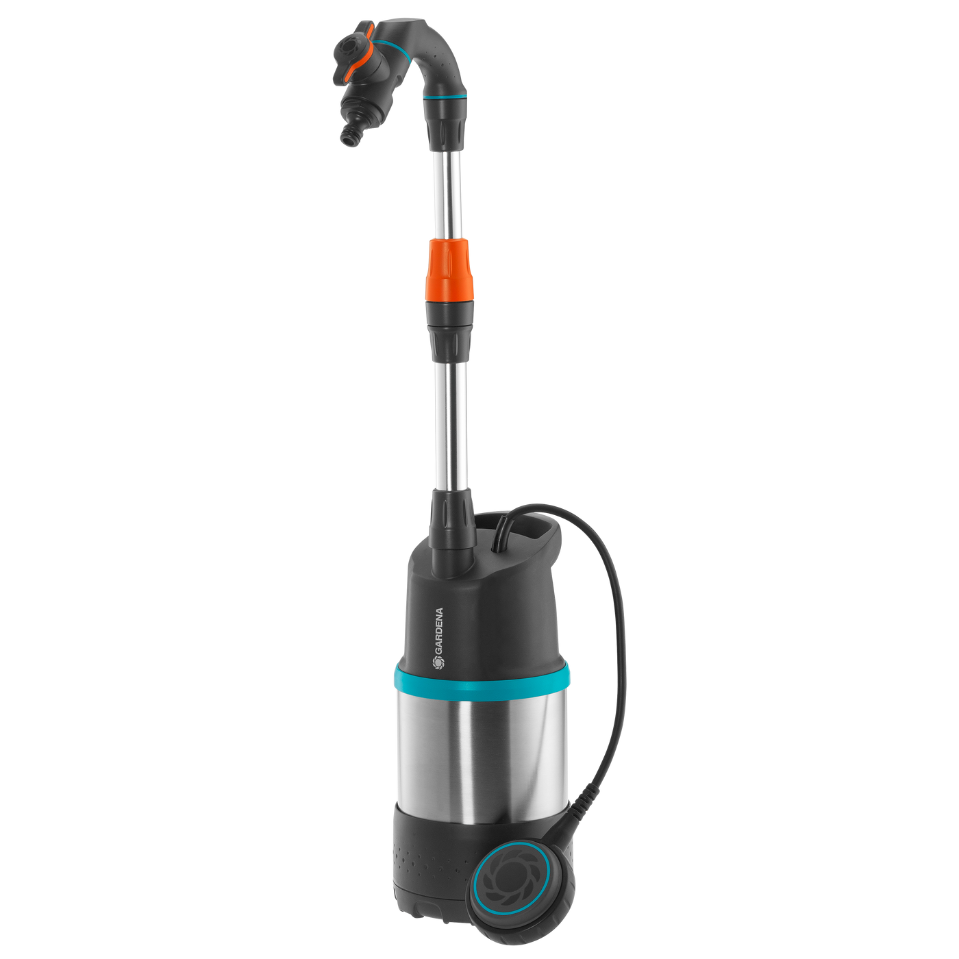 Front view of a Gardena water pump with hose attachment.