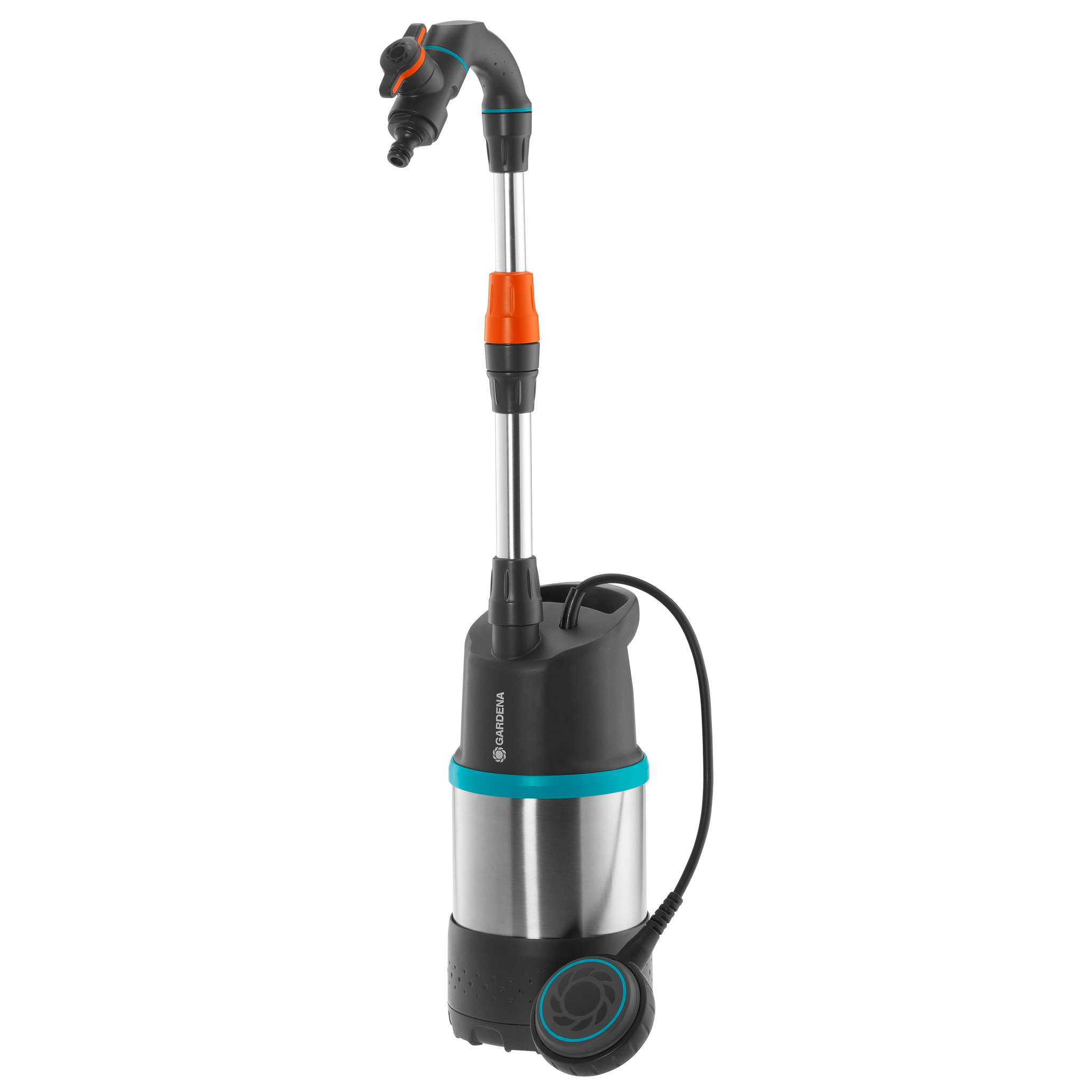 Front view of a Gardena water pump with hose attachment.