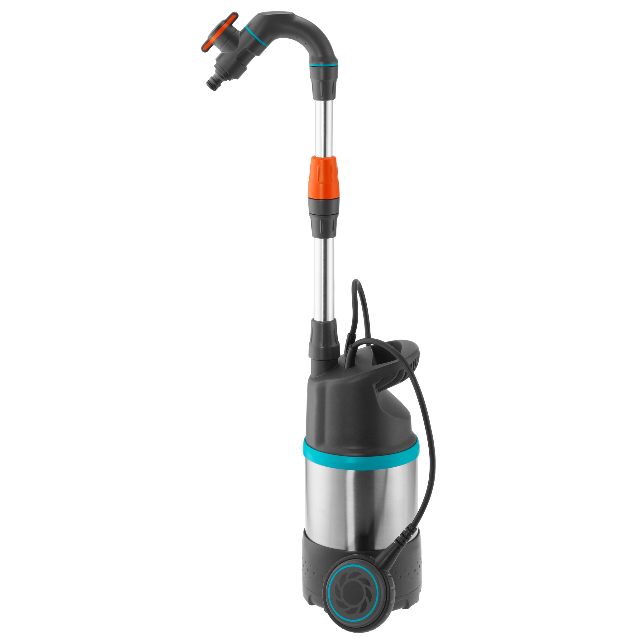 Front view of a Gardena water pump with hose attachment.