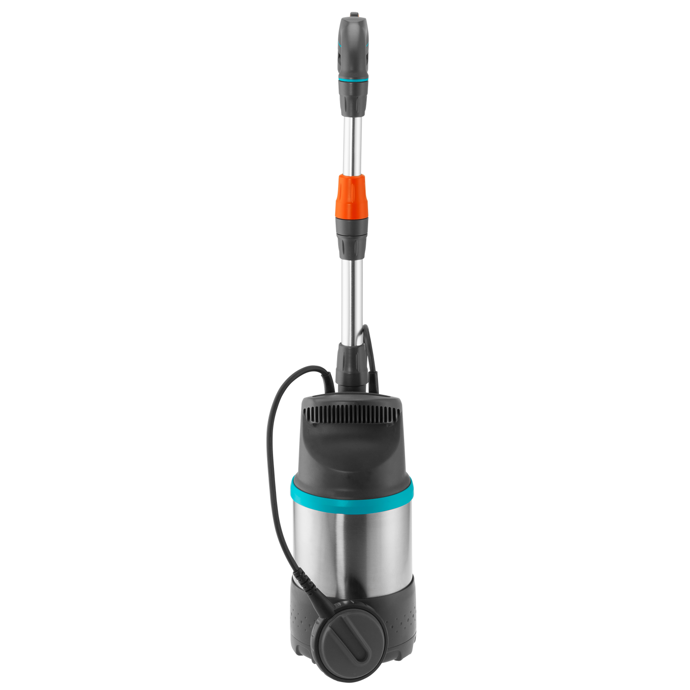 Front view of a Gardena water pump with a long handle.