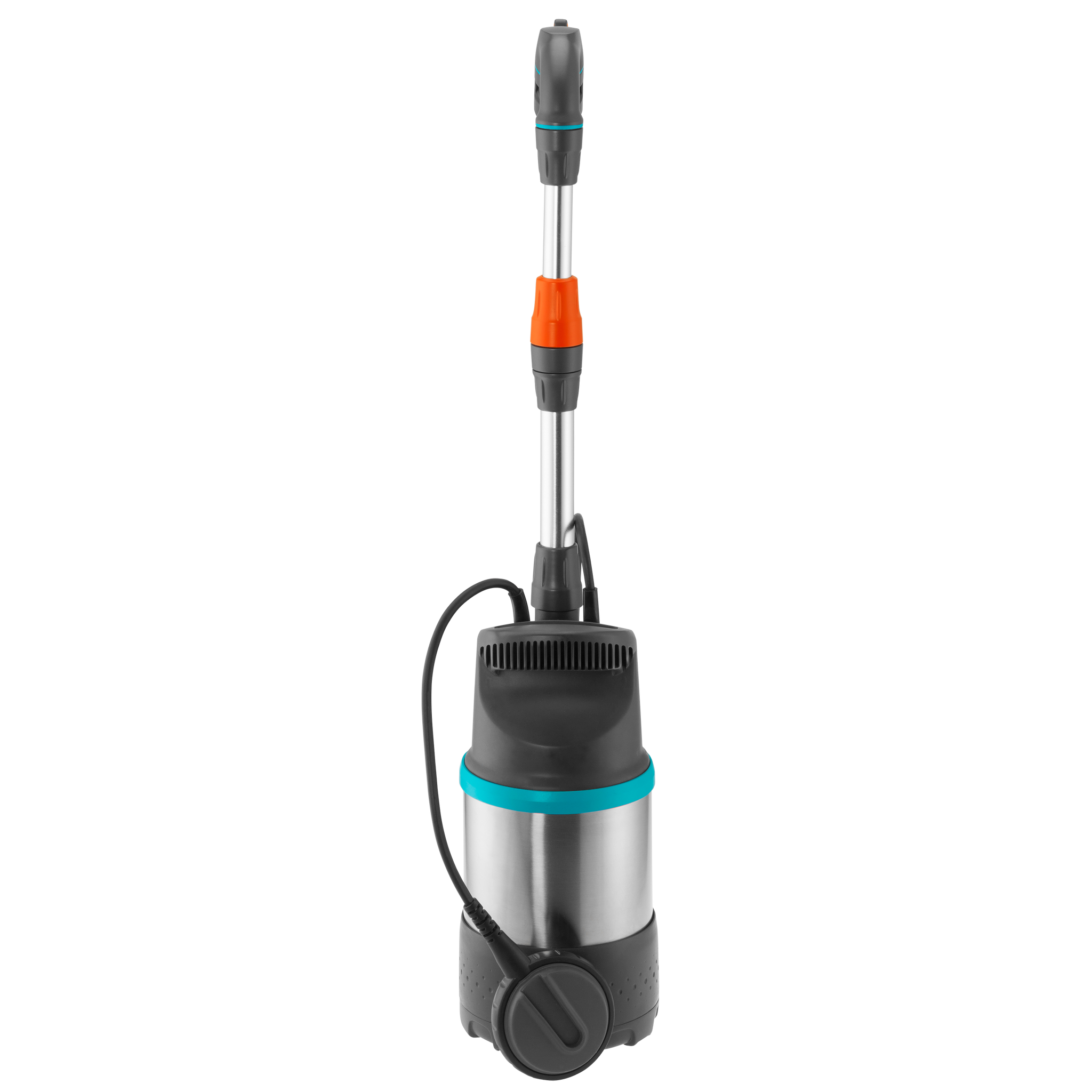 Front view of a Gardena water pump with a long handle.