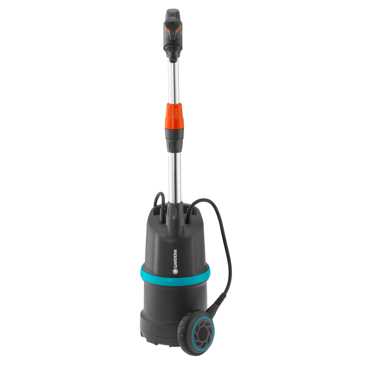 Front view of a Gardena water pump with adjustable nozzle and power cord.