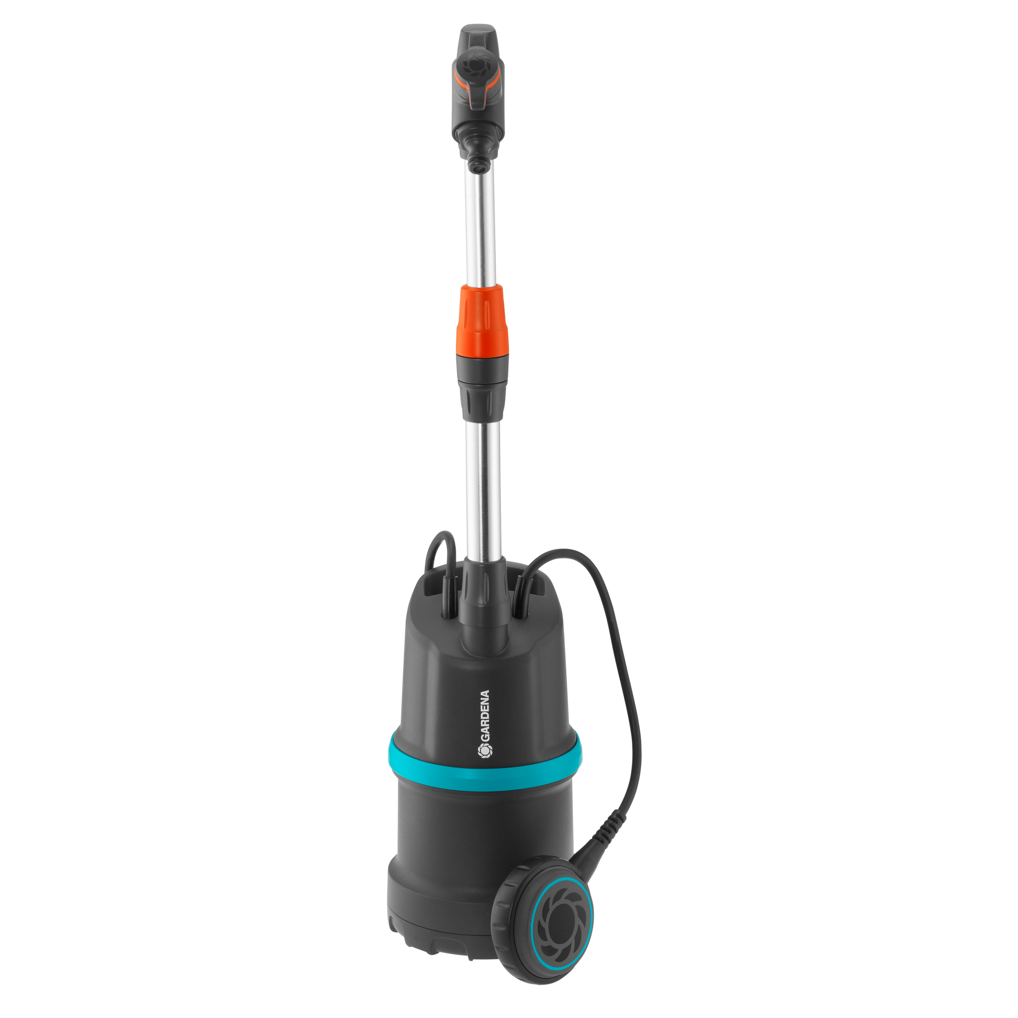 Front view of a Gardena water pump with adjustable nozzle and power cord.