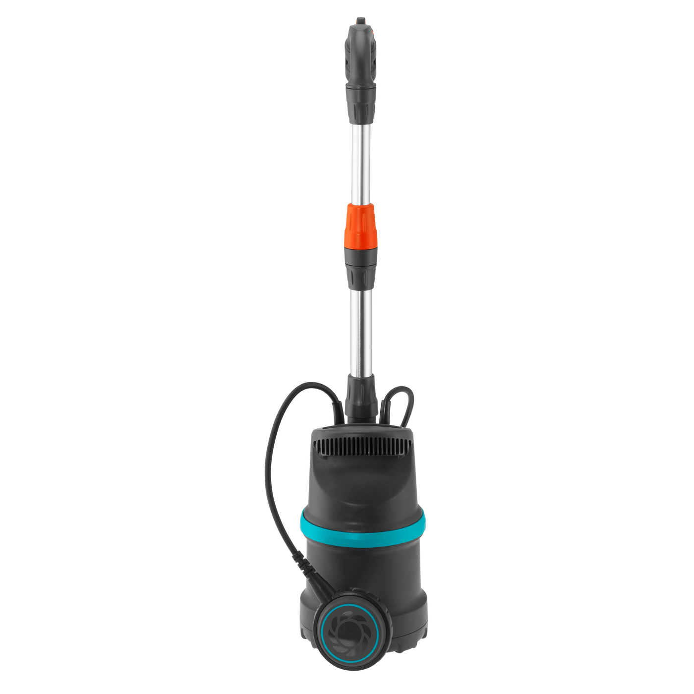 Front view of a Gardena water pump with attached hose and control dial.