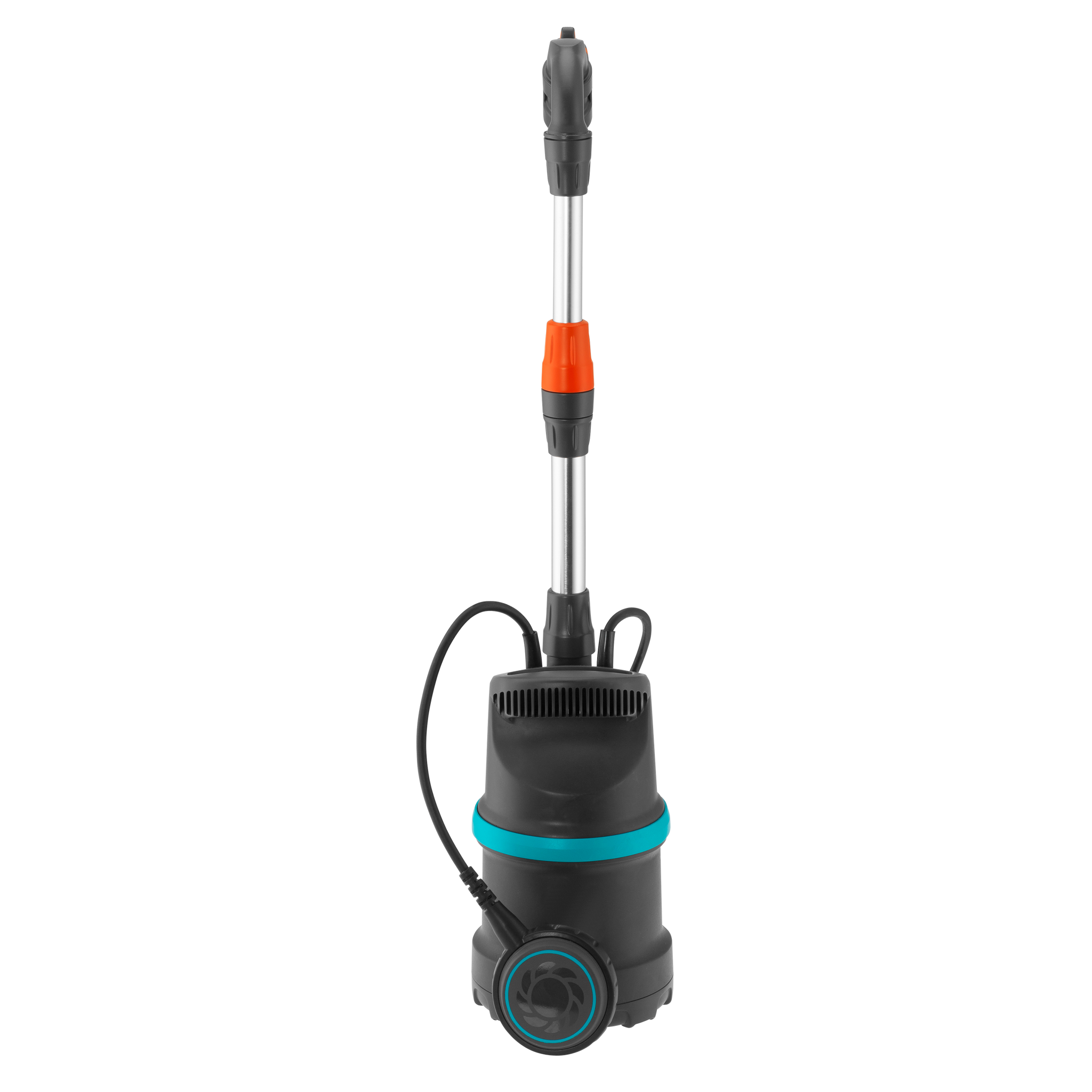 Front view of a Gardena water pump with attached hose and control dial.