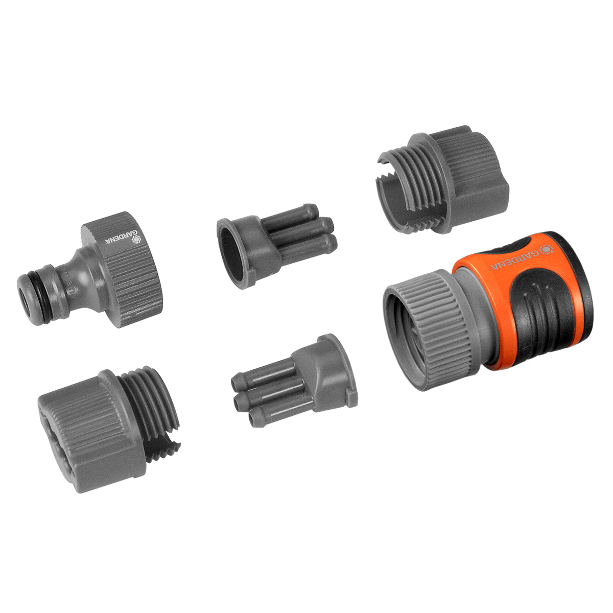 Gardena hose connector set with various fittings and adapters, displayed in a studio setting.