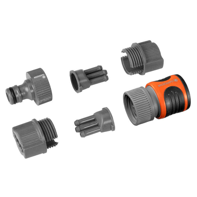 Gardena hose connector set with various fittings and adapters, displayed in a studio setting., Tuinaccessoire bij Vijvercentrum