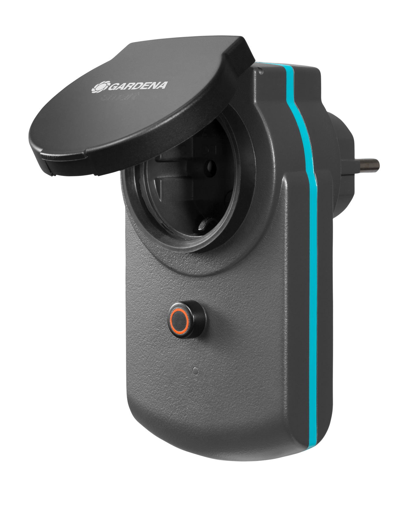 Front view of a Gardena smart plug with an open cover, showcasing its design.