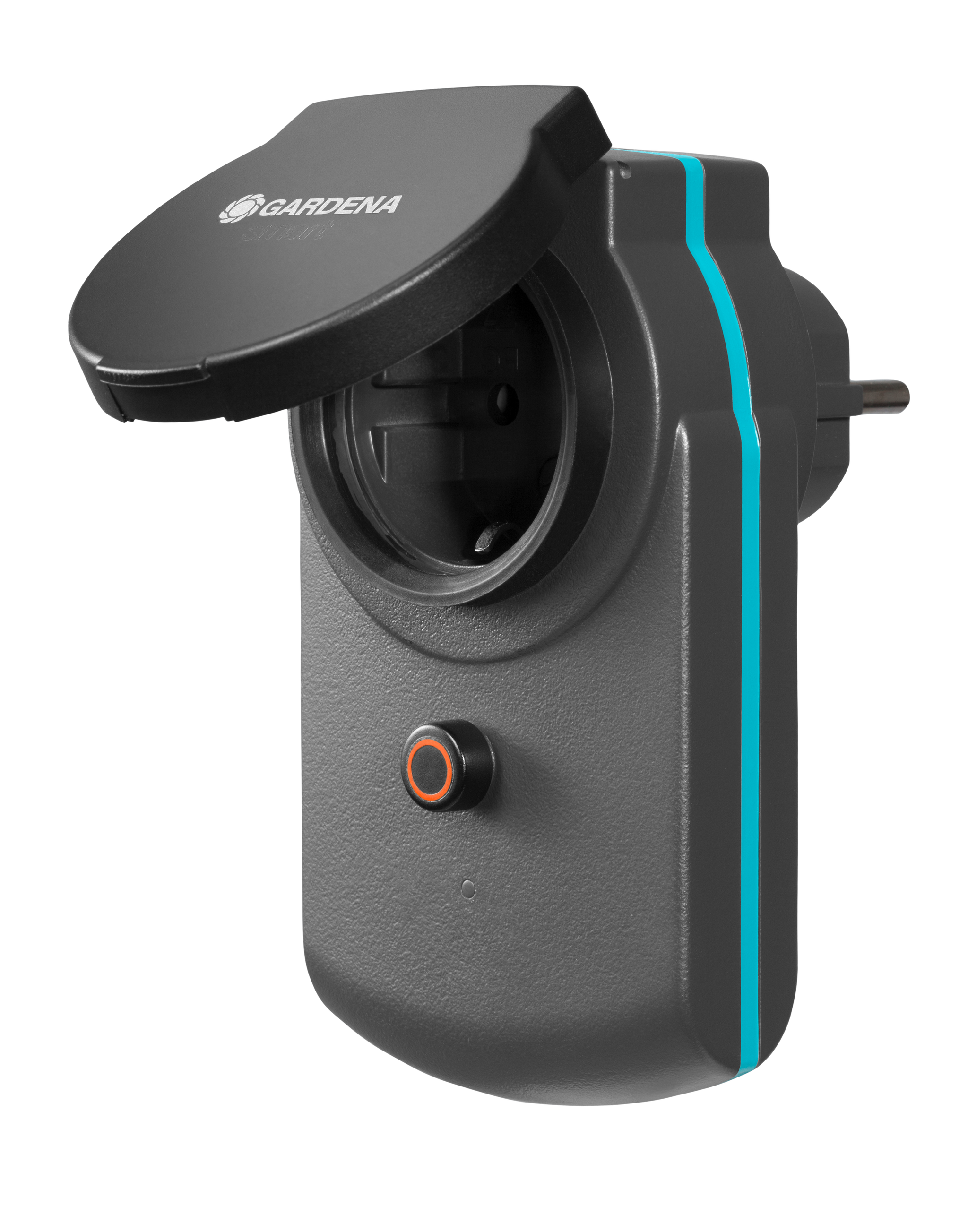 Front view of a Gardena smart plug with an open cover, showcasing its design.
