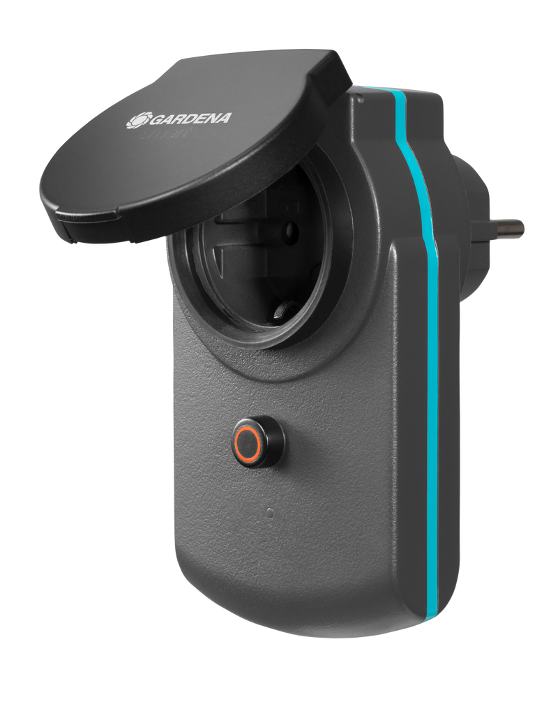 Front view of a Gardena smart plug with an open cover, showcasing its design., afbeelding 4 Filterpomp