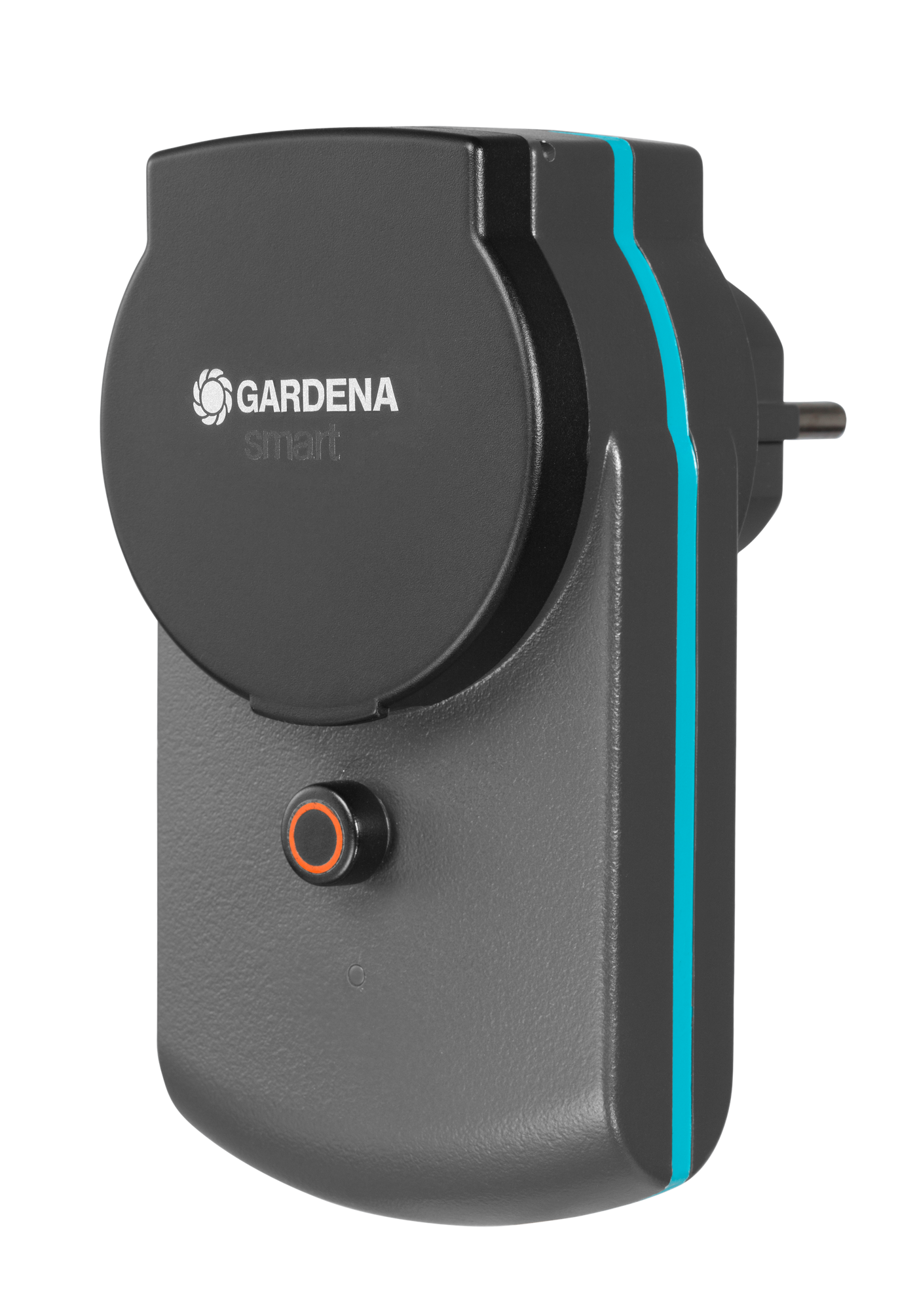 Front view of a Gardena smart plug with a single button.