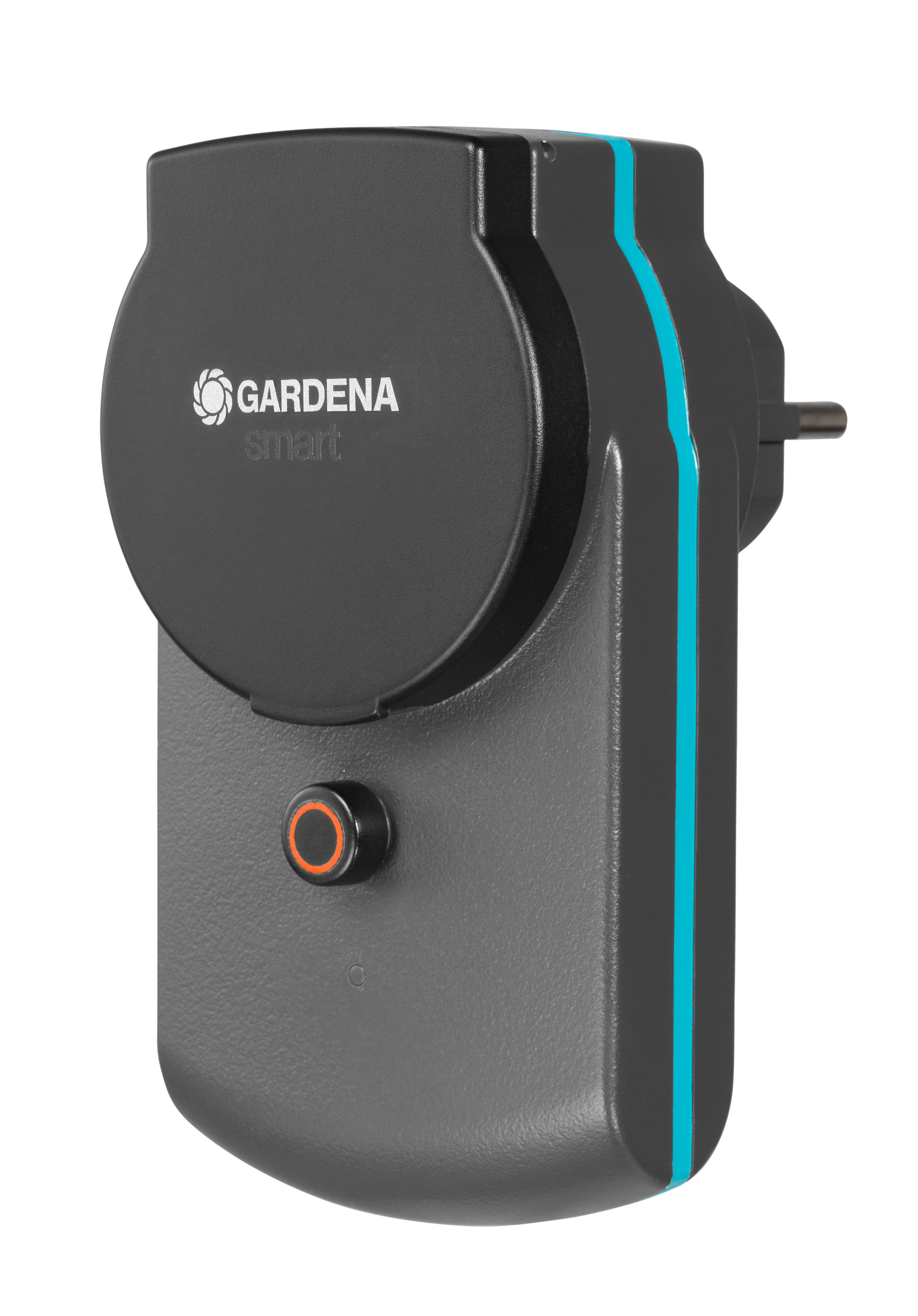Front view of a Gardena smart plug with a single button.