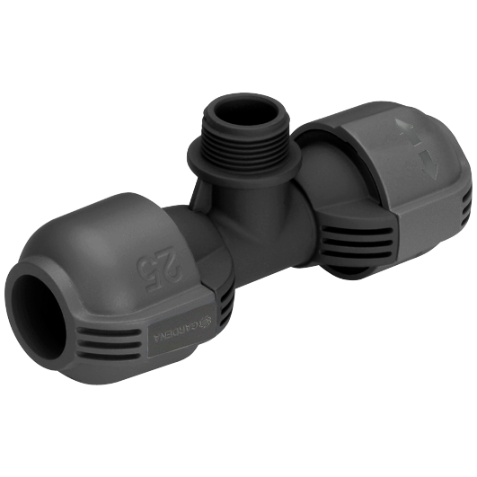 Side view of a Gardena irrigation connector with threaded attachment.