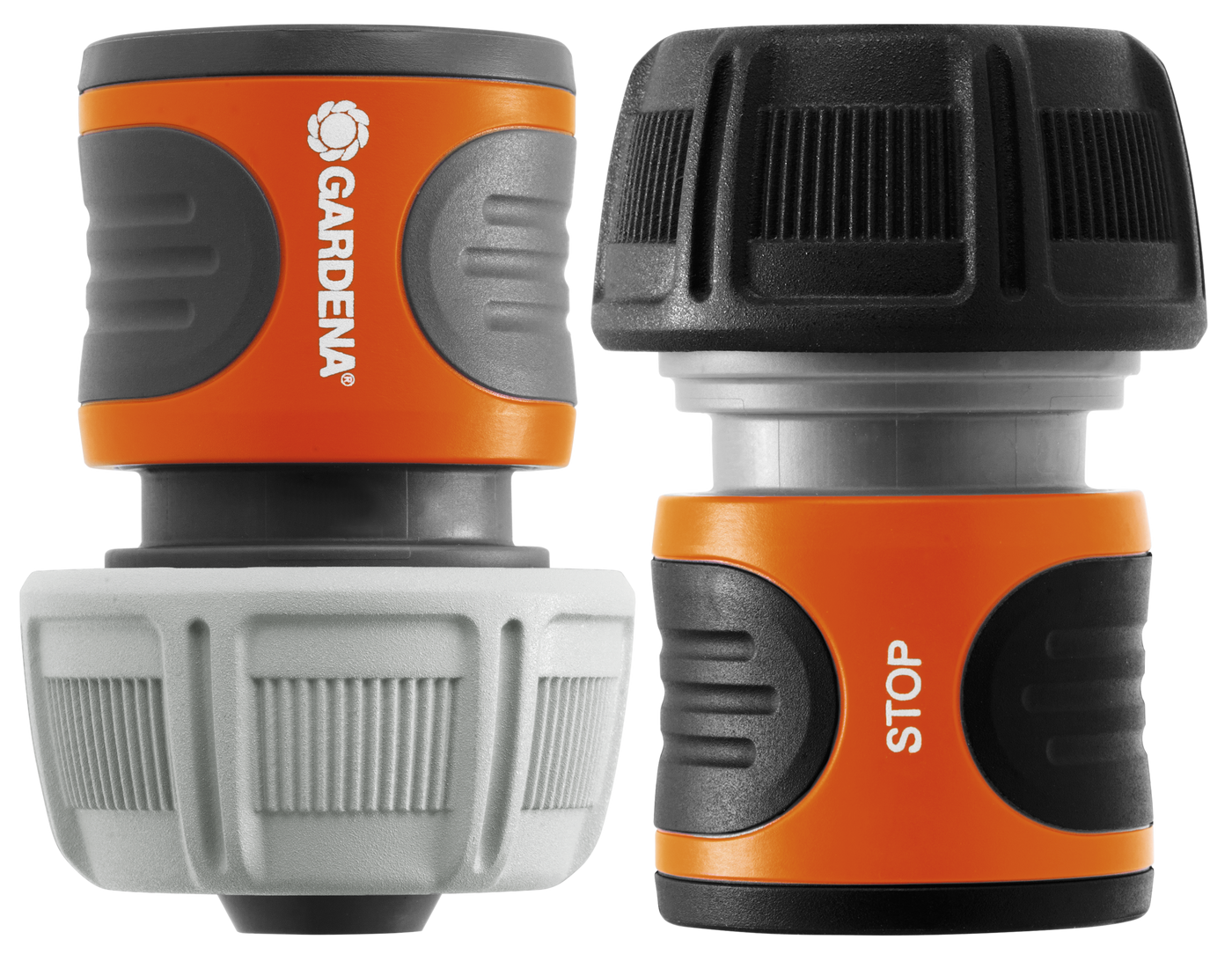 Front view of Gardena hose connectors with visible stop function.