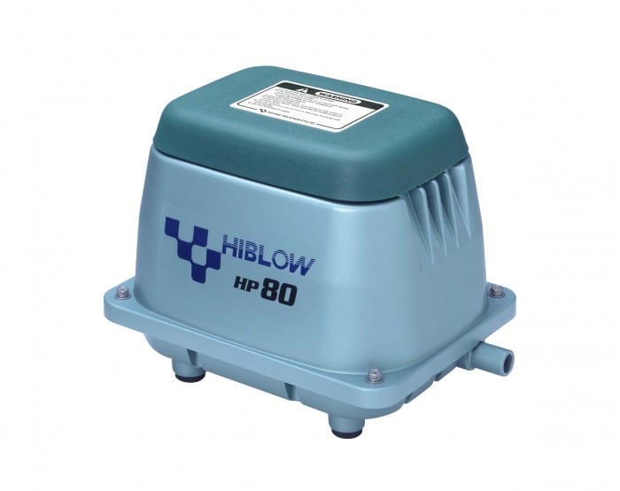 Hiblow HP-80 lineaire membraanluchtpomp met groene behuizing en 18 mm luchtuitlaat, Luchtpomp bij Vijvercentrum