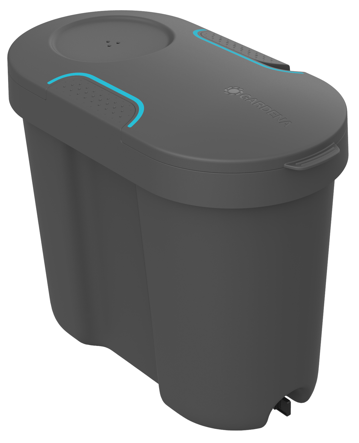 Front view of a Gardena water storage tank with lid and handle.