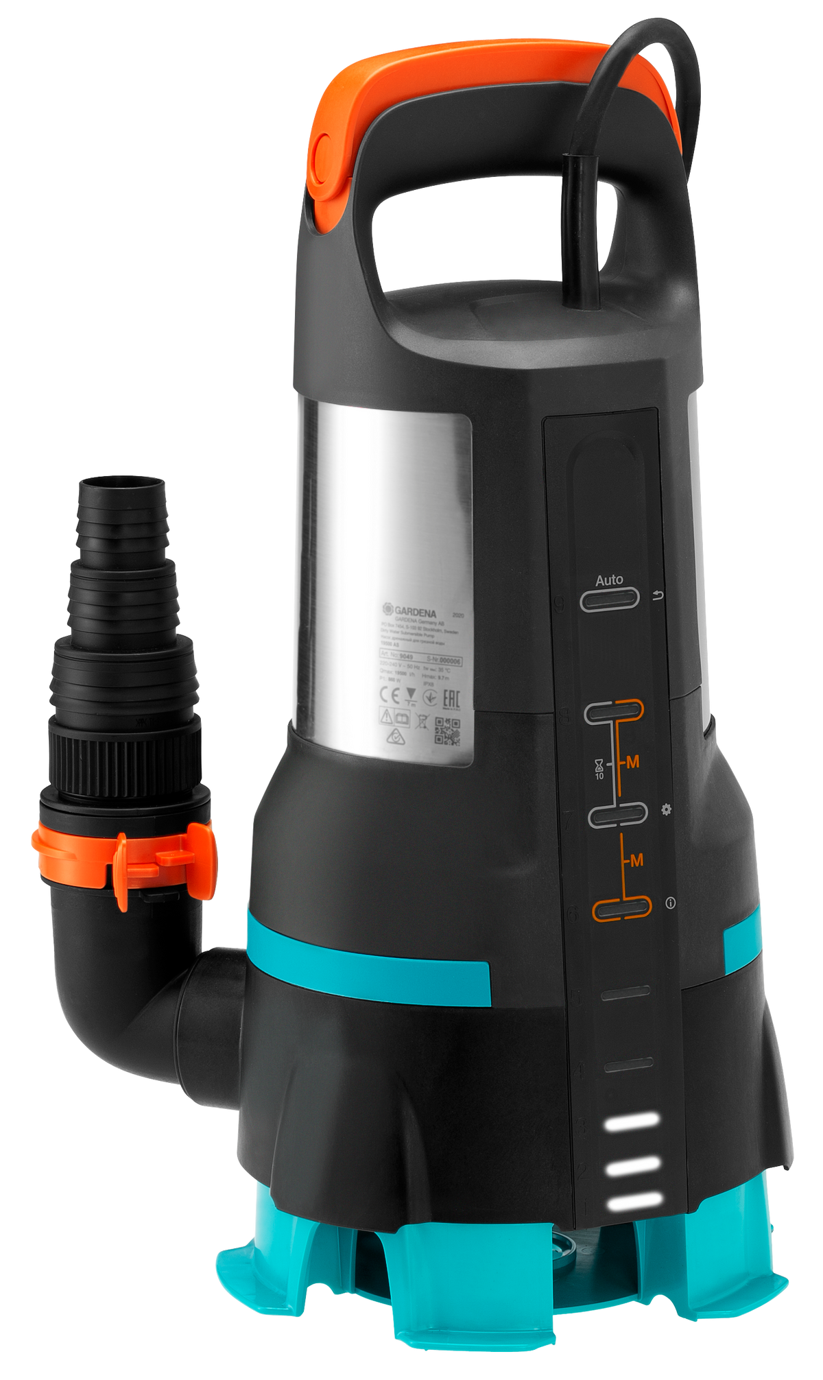 Front view of a Gardena submersible pump with control panel and hose attachment.