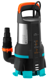 Front view of a Gardena submersible pump with control panel and hose attachment., miniatuur 3