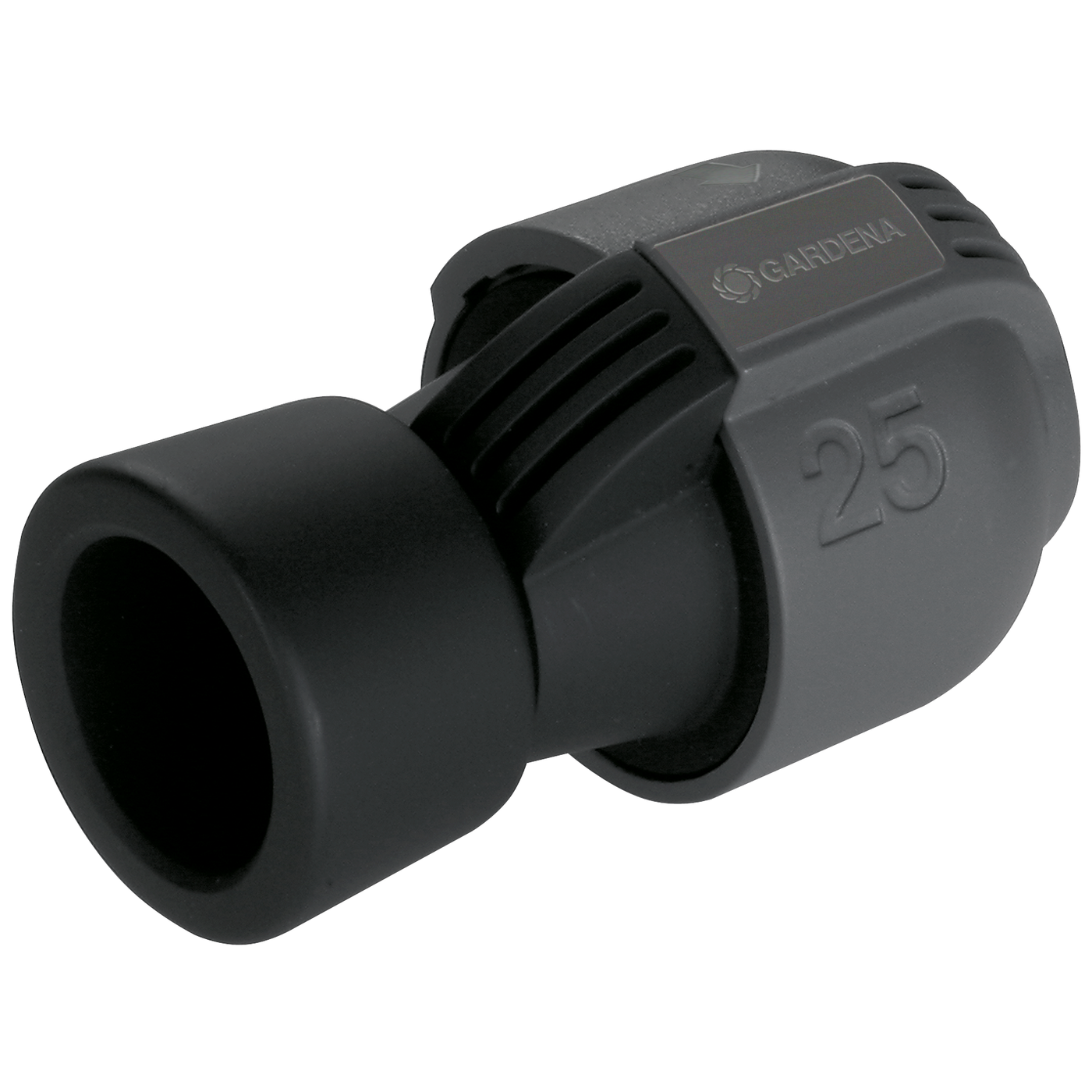 Front view of a Gardena 25mm pipe connector.