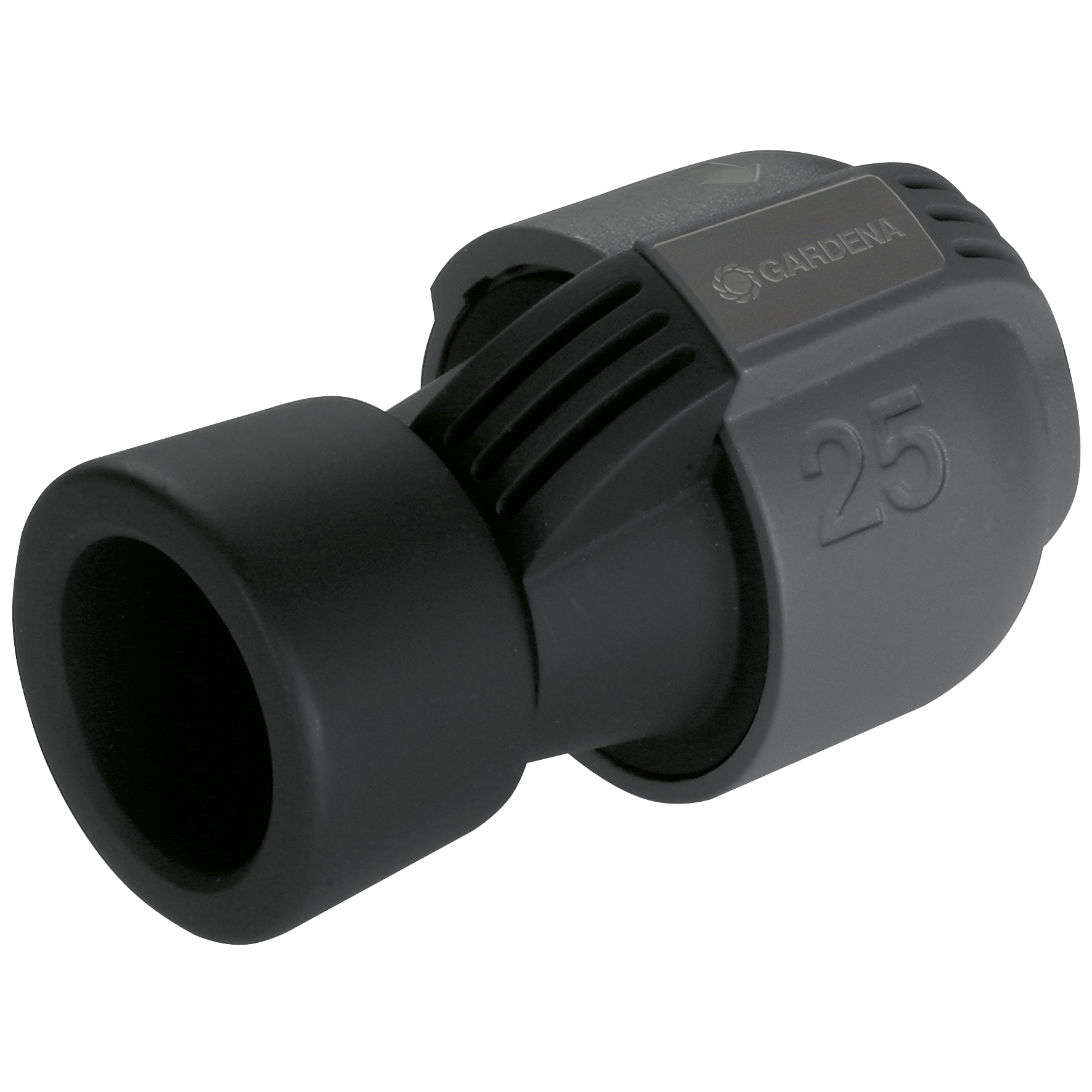 Front view of a Gardena 25mm pipe connector.