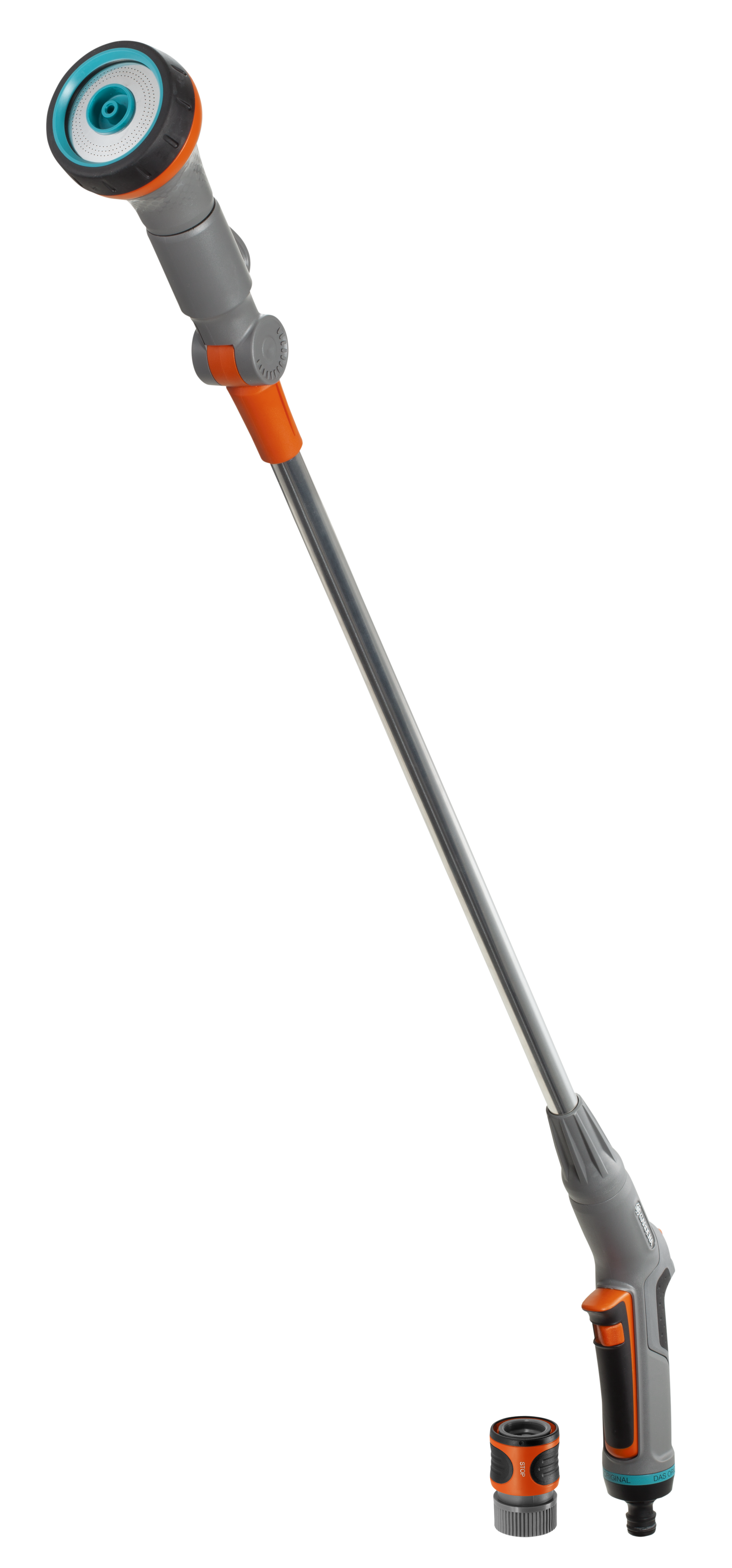 Front view of a Gardena watering wand with adjustable spray head.