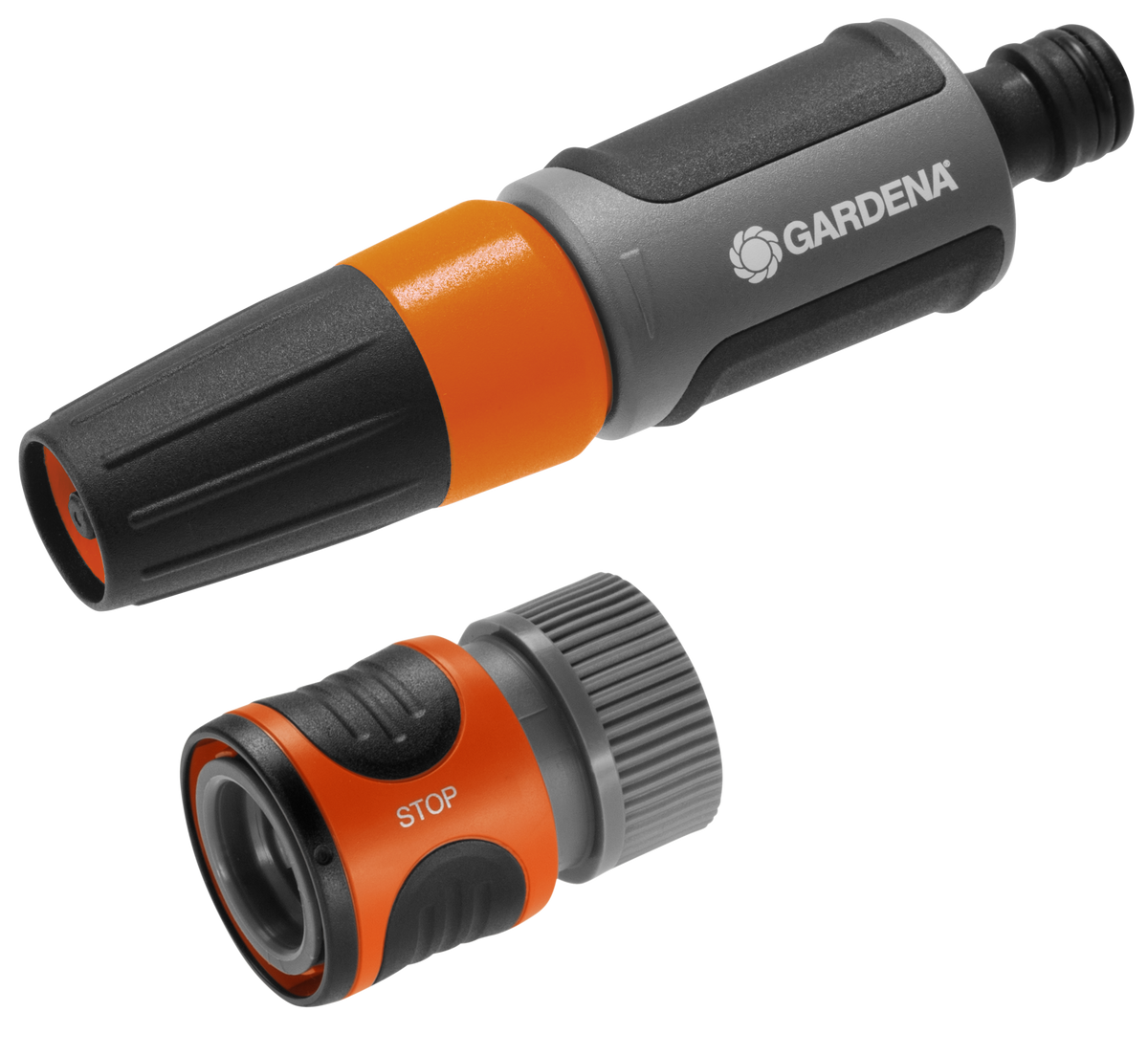 Gardena hose nozzle and connector set, featuring a stop function.
