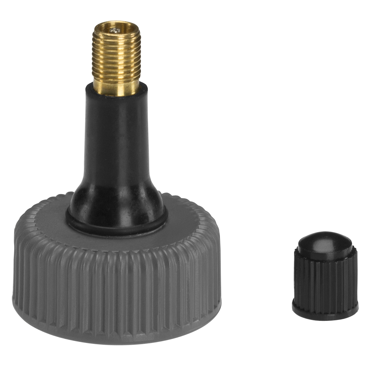 Front view of a threaded adapter with a cap, suitable for connecting hoses or pipes.