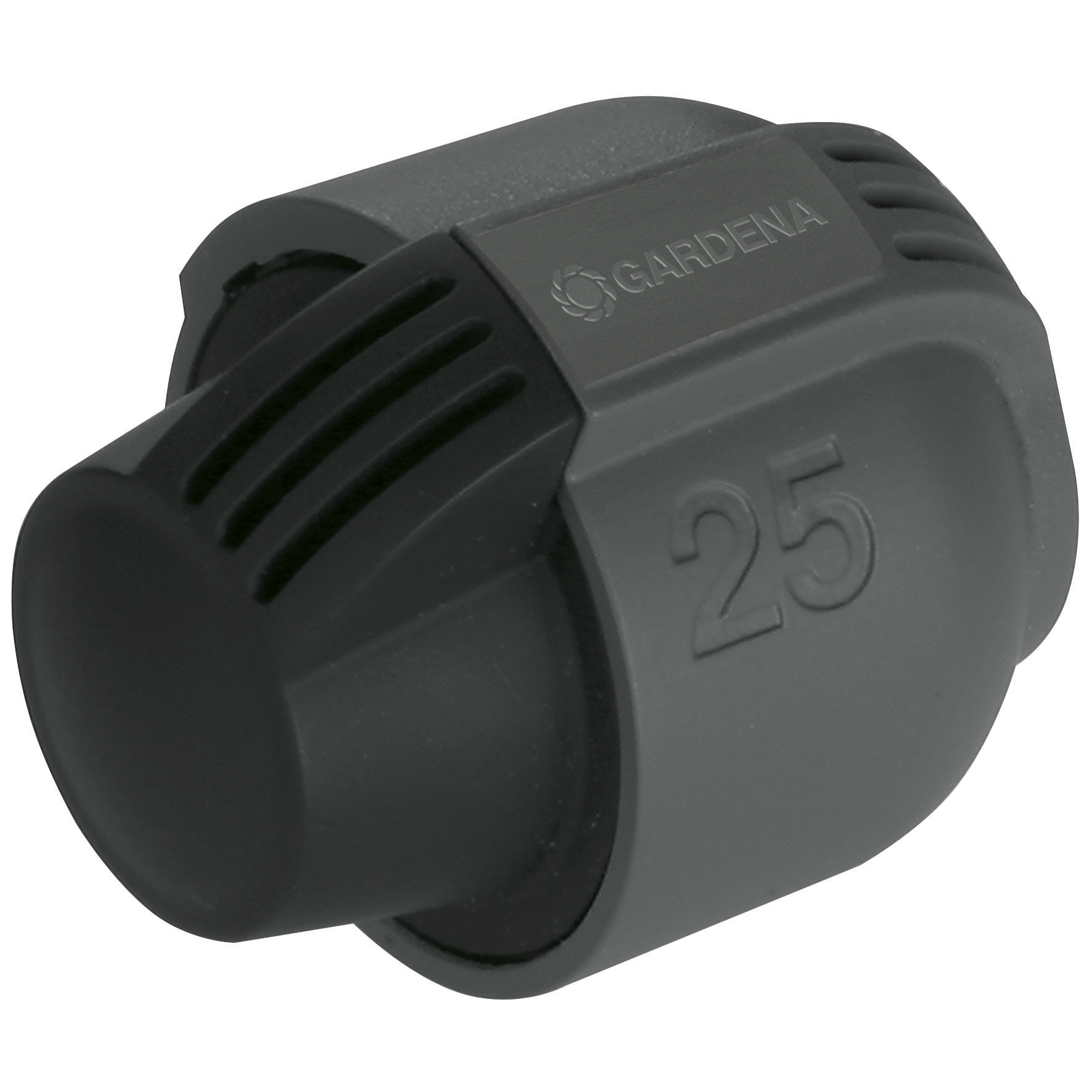 Front view of a Gardena hose connector with the number 25 embossed.
