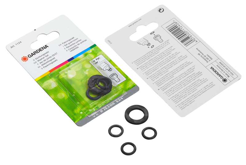 Gardena rubber sealing rings displayed in packaging and individually on a surface., Tuinaccessoire bij Vijvercentrum