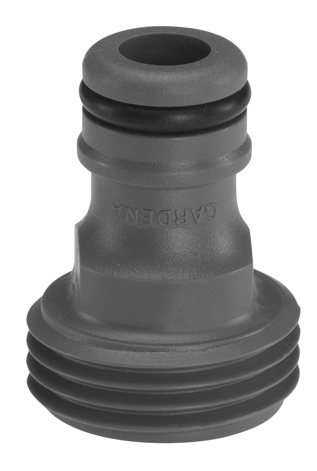 Front view of a Gardena hose connector.