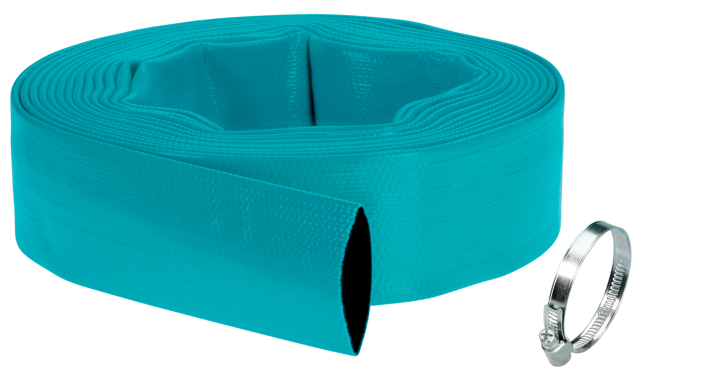 Front view of a garden hose with a metal clamp.