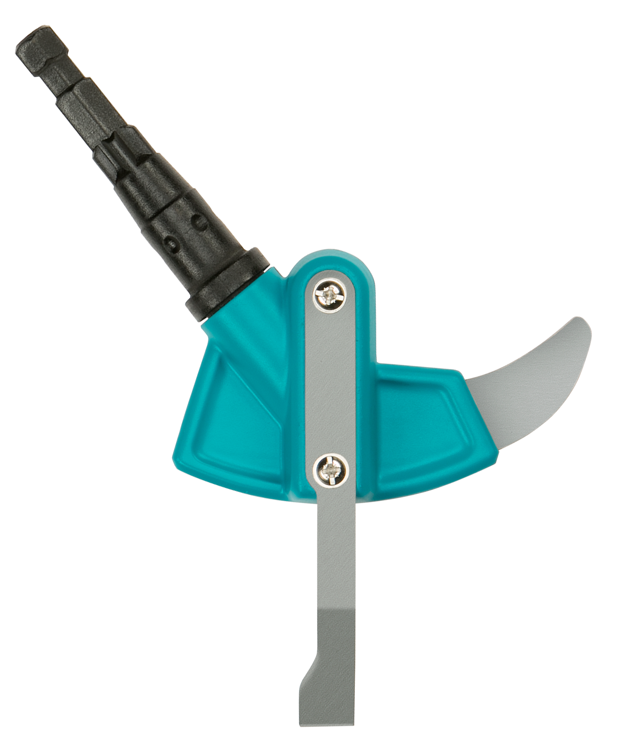 Gardena accessory component with a curved blade and attachment point, shown from different angles.