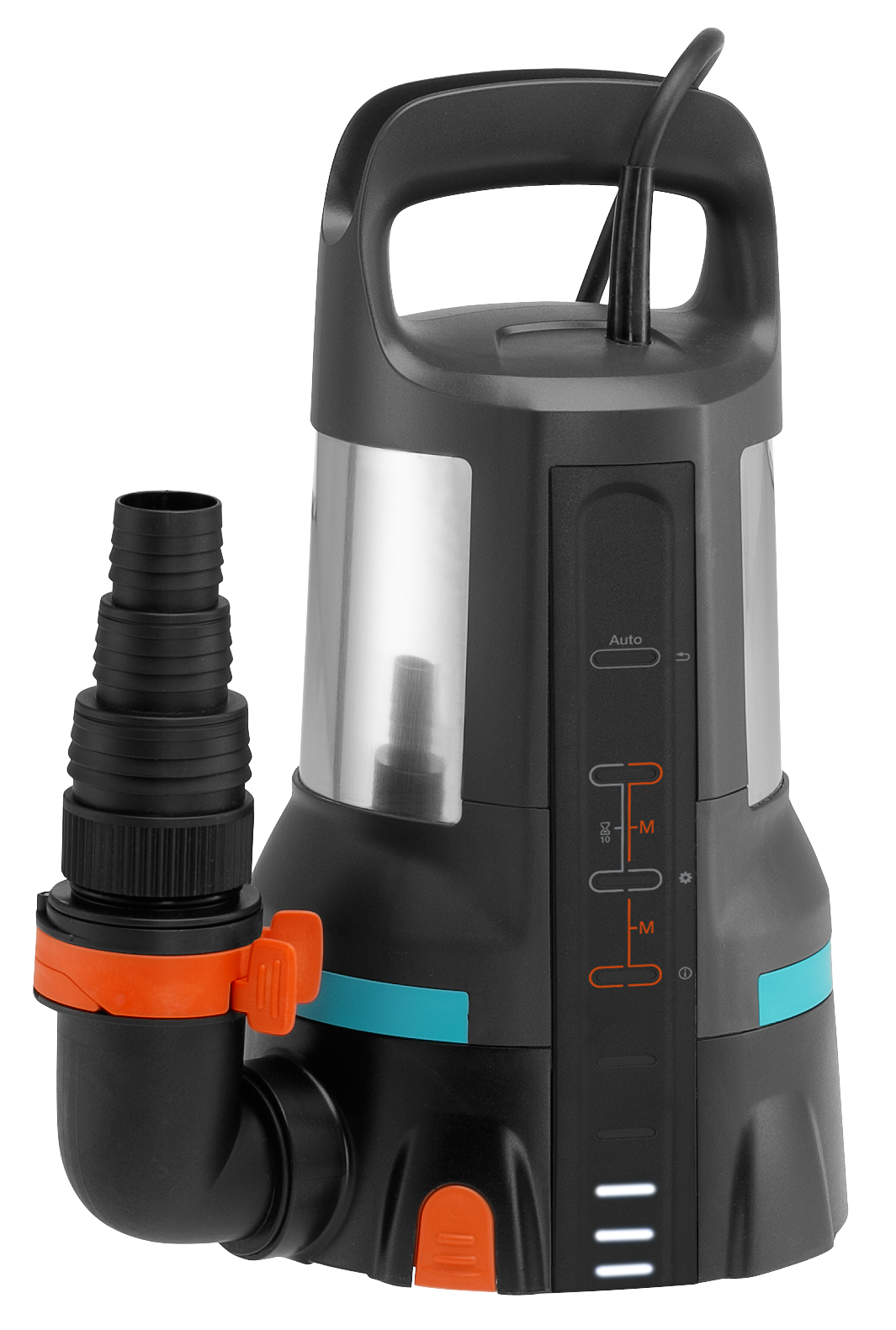 Front view of a water pump with adjustable settings and handle.