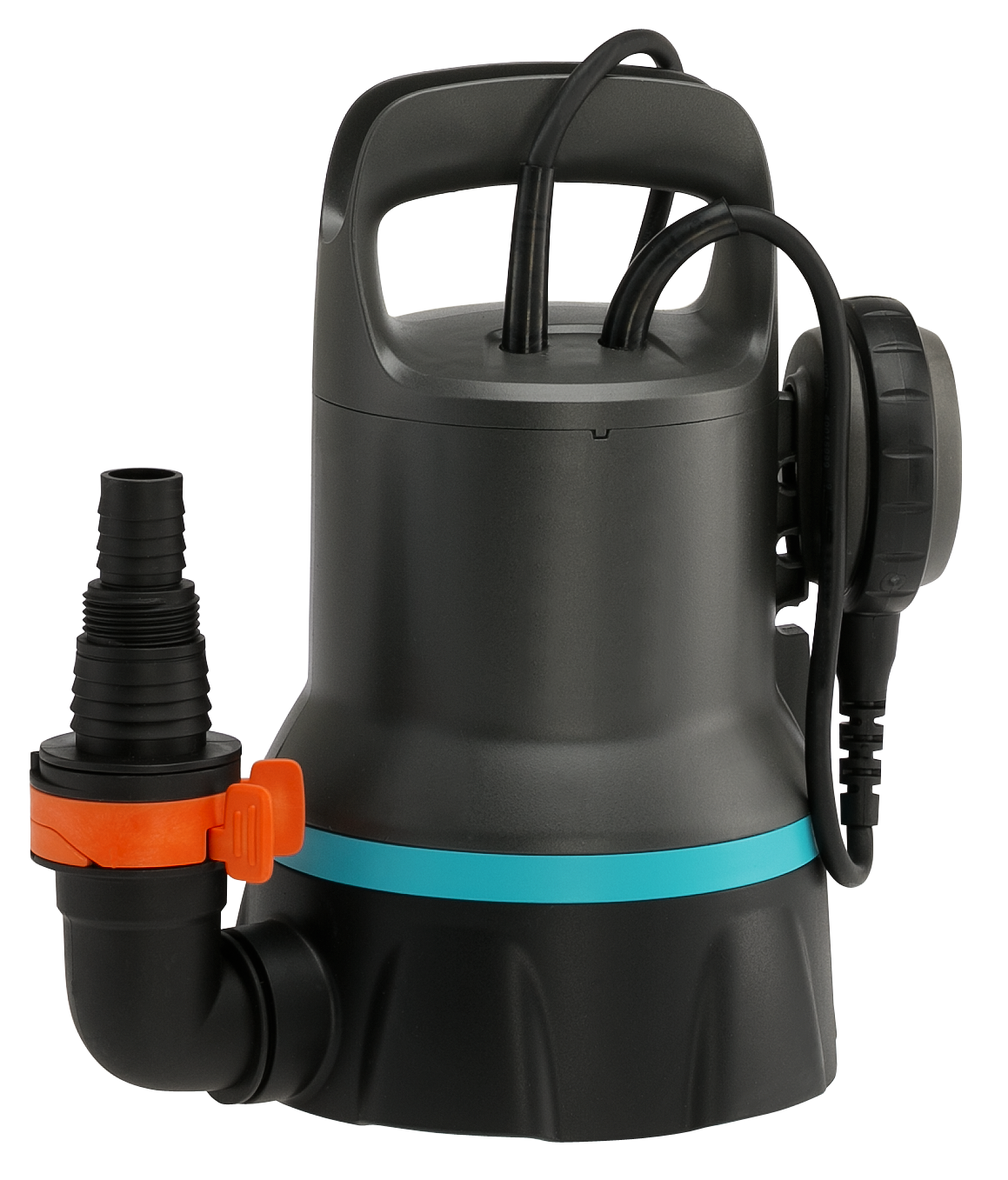Front view of a submersible water pump with a handle and hose attachment.