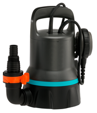 Front view of a submersible water pump with a handle and hose attachment., miniatuur 1