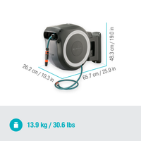 Side view of a Gardena wall-mounted hose reel with dimensions displayed., miniatuur 3