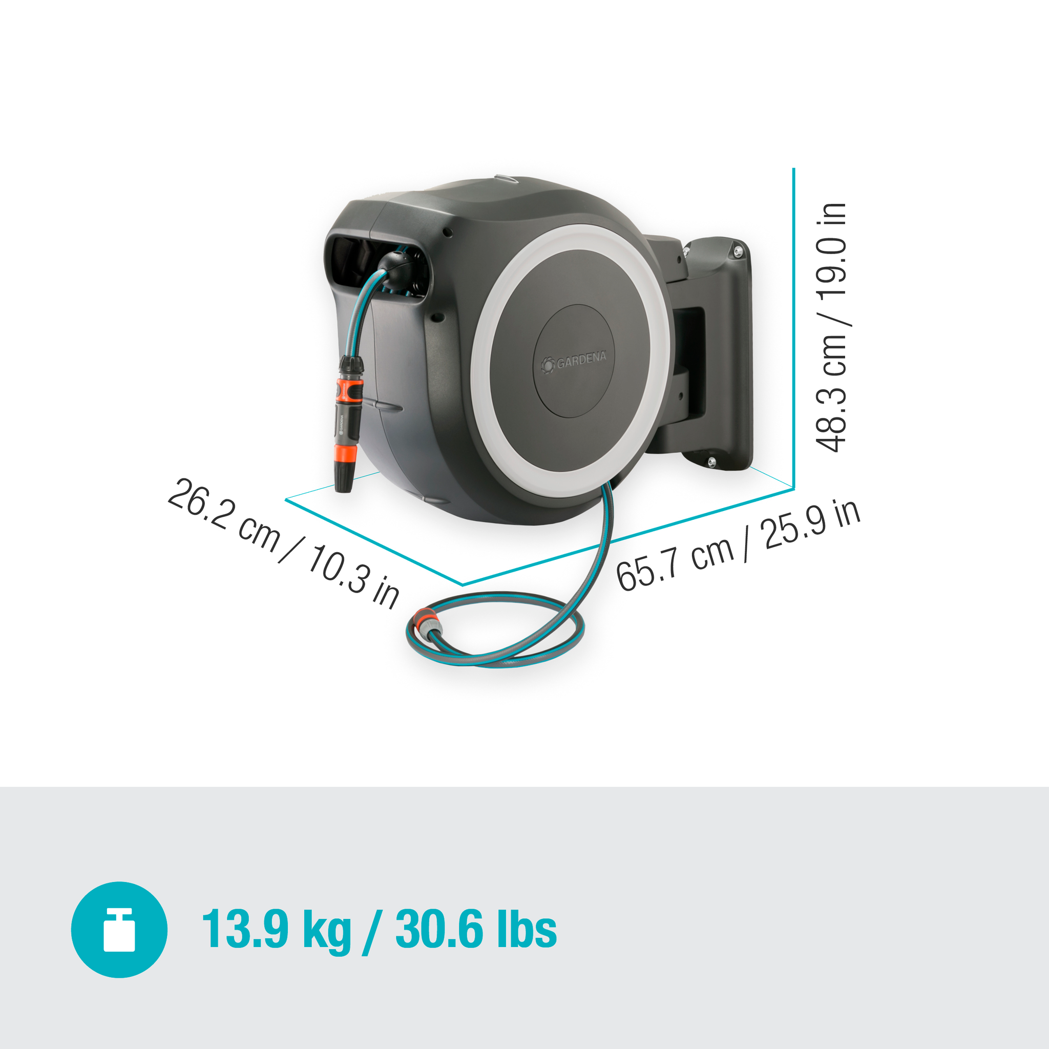 Side view of a Gardena wall-mounted hose reel with dimensions displayed.