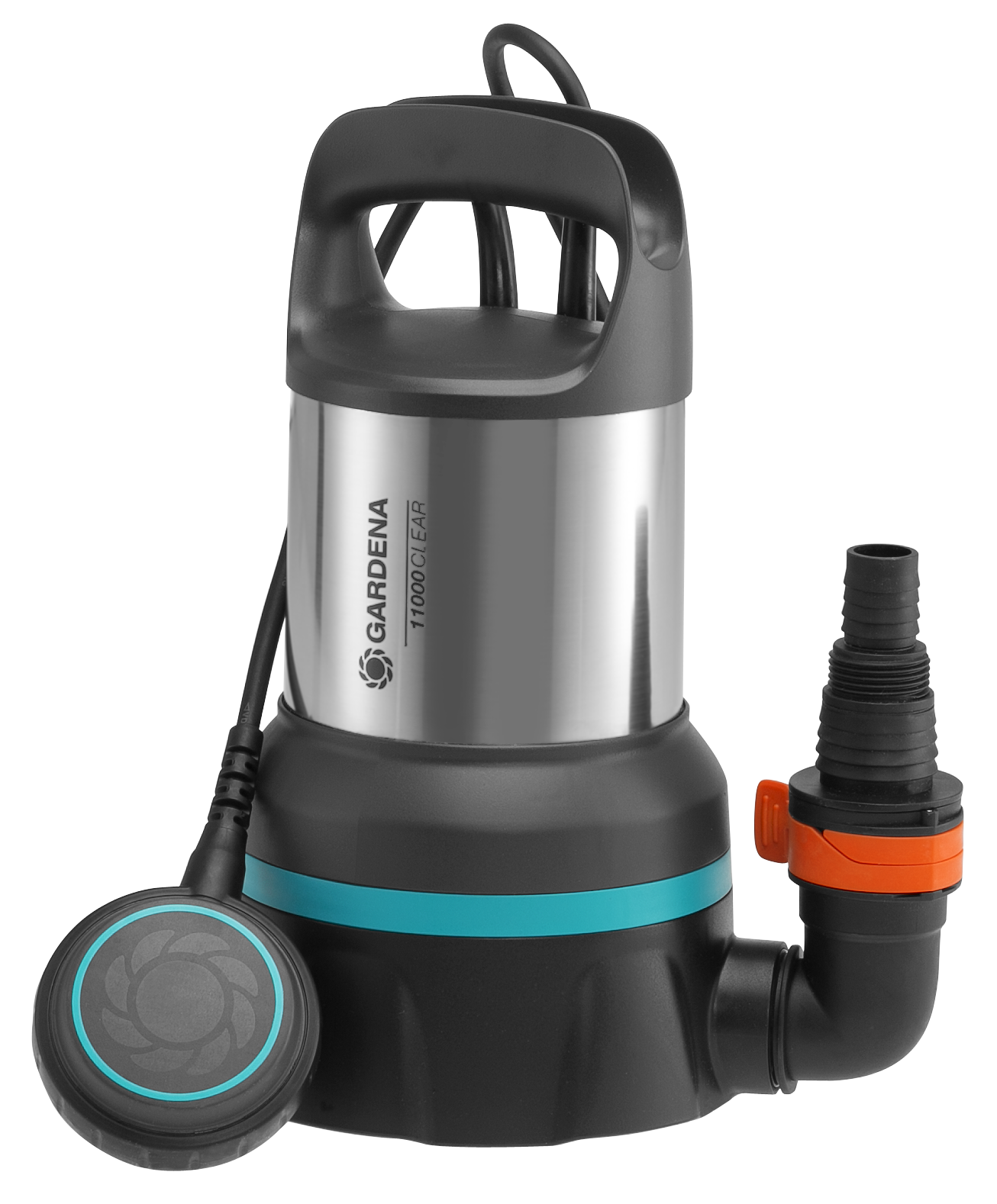 Front view of a Gardena submersible pump with ergonomic handle and hose attachment.