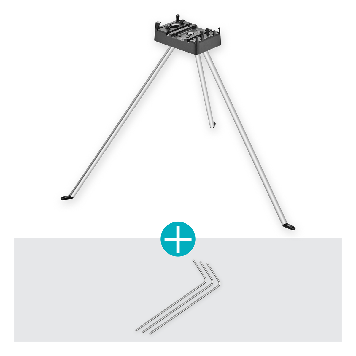 Studio image of a tripod stand with metal legs and additional metal rods.