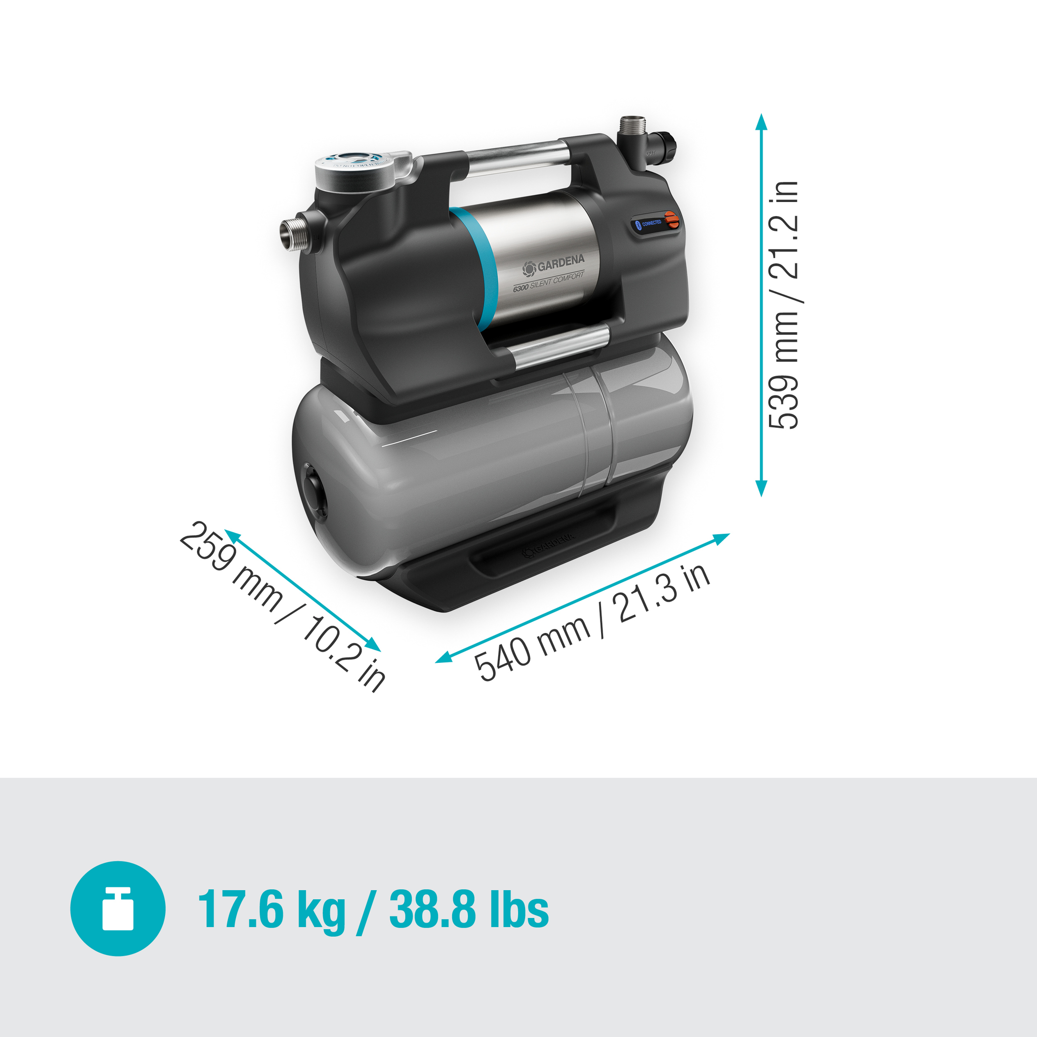 Front view of a Gardena water pump with dimensions and weight displayed.