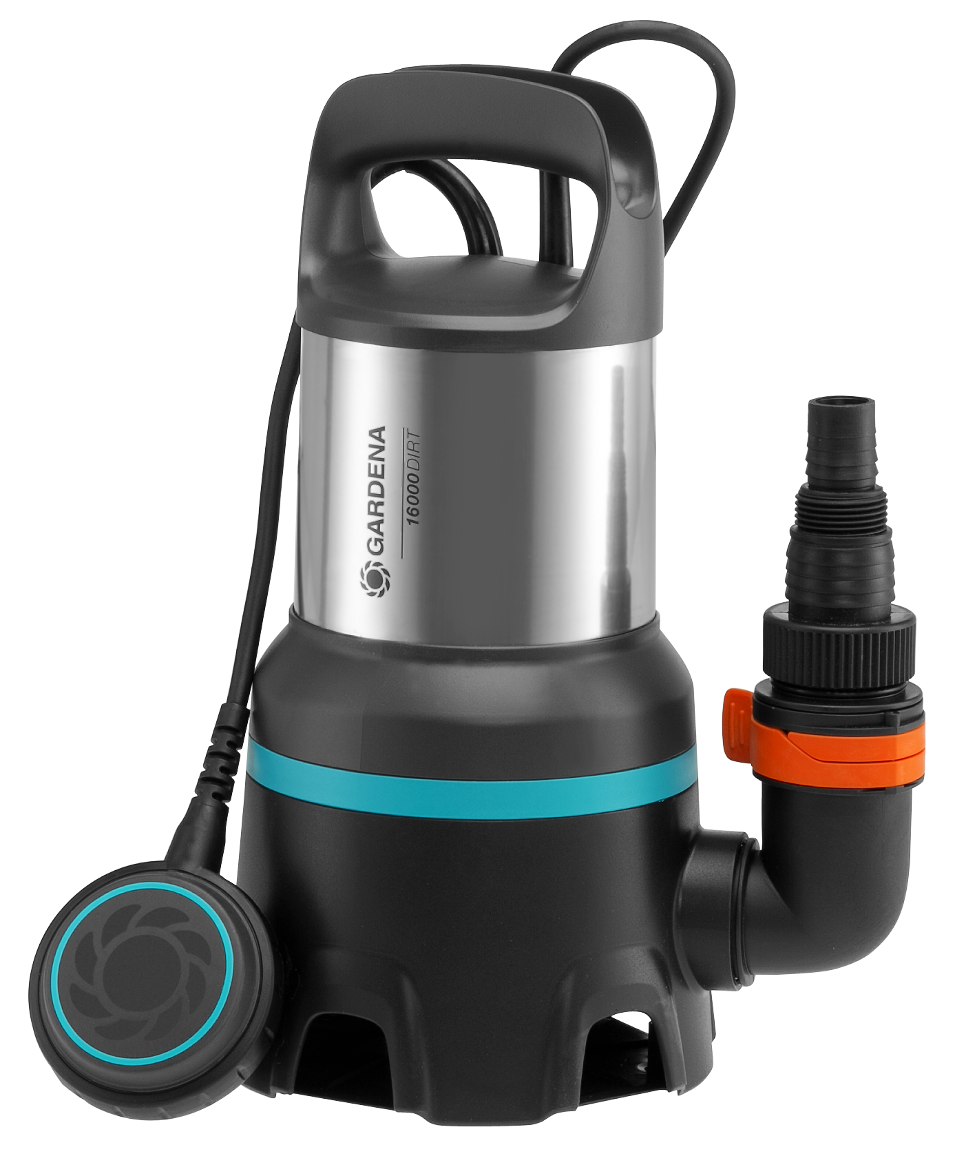 Front view of a Gardena submersible pump with visible branding and hose attachment.
