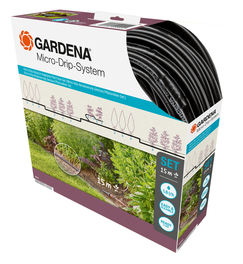 Gardena Micro-Drip-System packaging displaying the product and its features for efficient garden irrigation., afbeelding 4 Onderhoudsproduct
