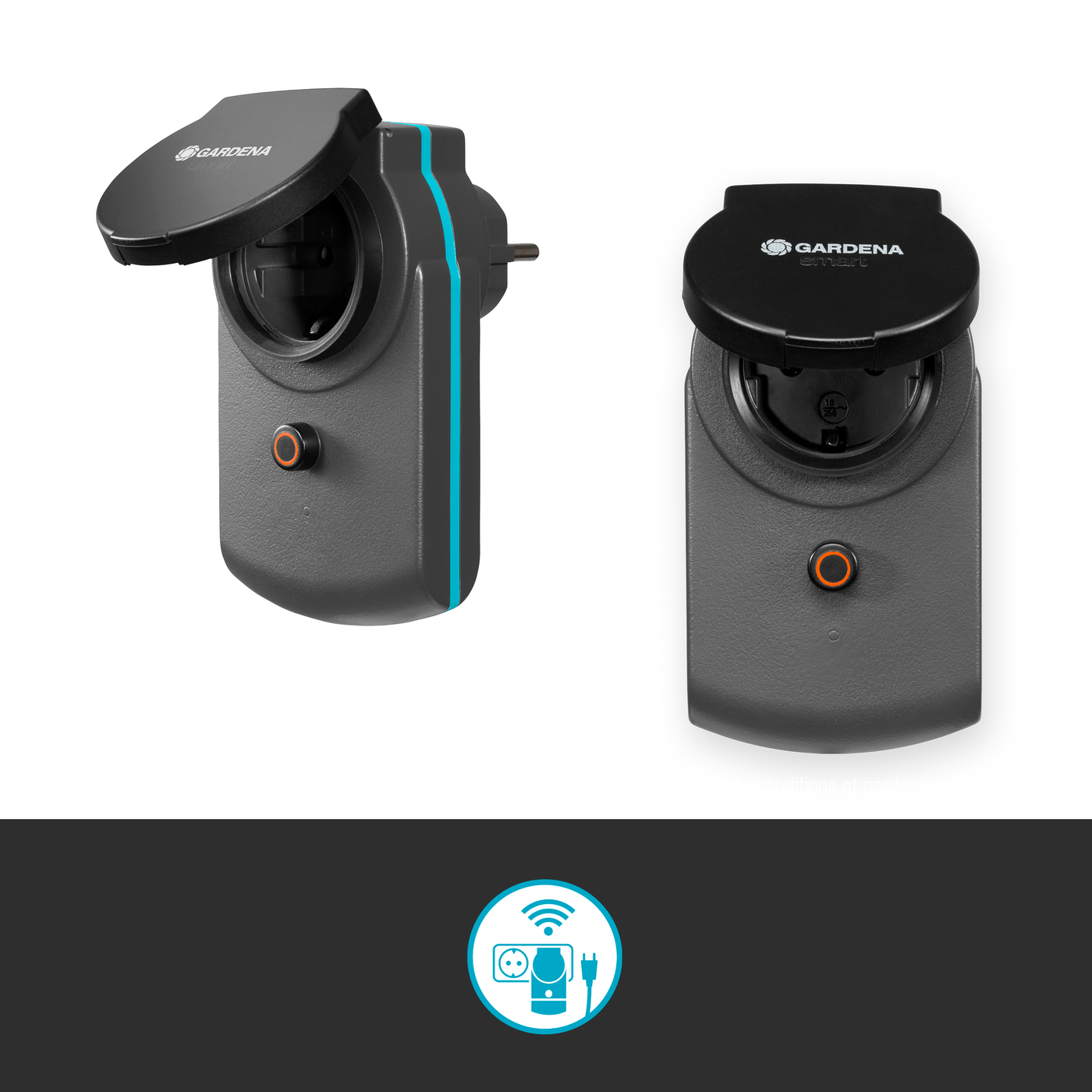 Two Gardena smart power adapters with wireless connectivity features.